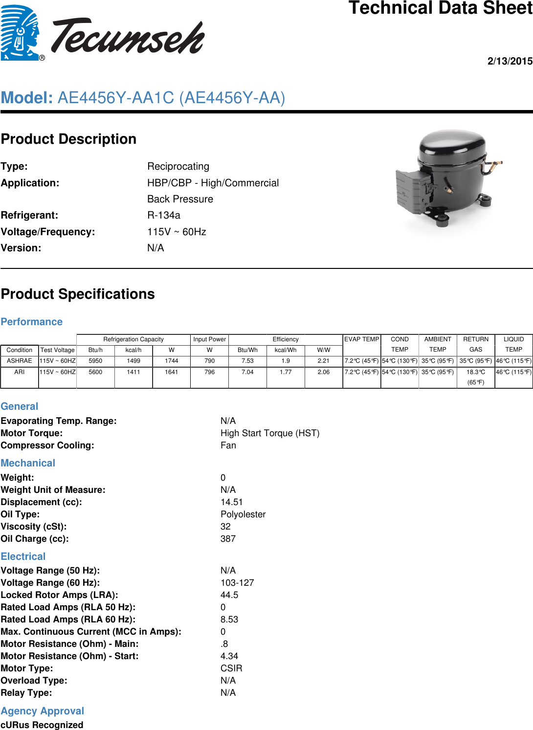 Page 1 of 1 - Tecumseh Tecumseh-Ae4456Y-Aa1C-Technical-Data-Sheet-  Tecumseh-ae4456y-aa1c-technical-data-sheet