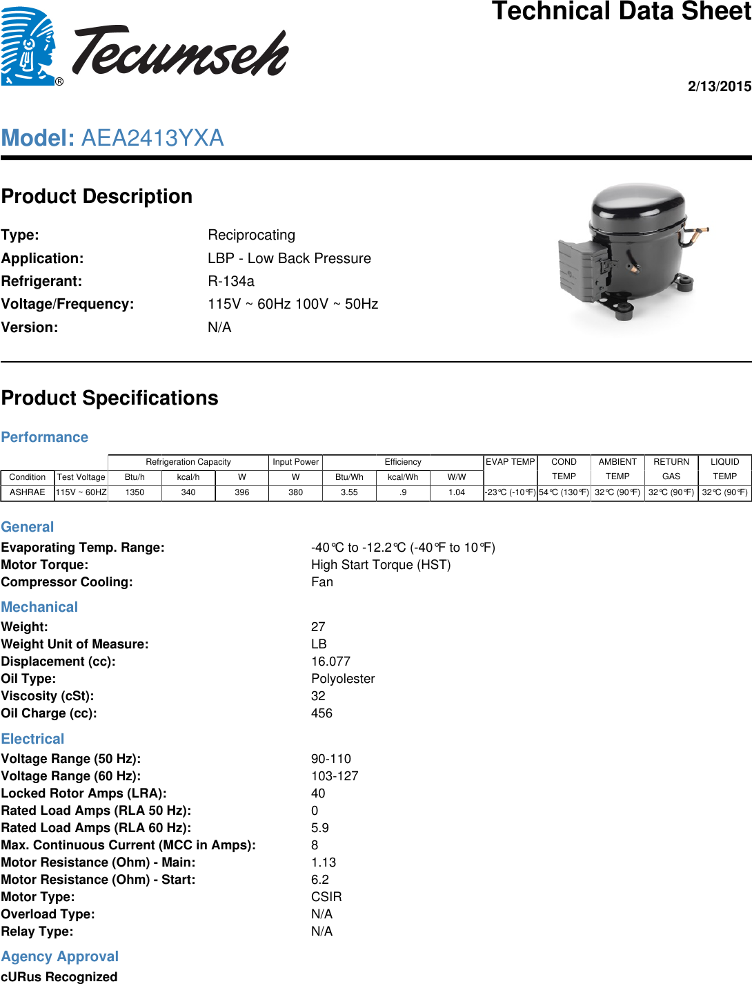 Page 1 of 1 - Tecumseh Tecumseh-Aea2413Yxa-Technical-Data-Sheet-  Tecumseh-aea2413yxa-technical-data-sheet