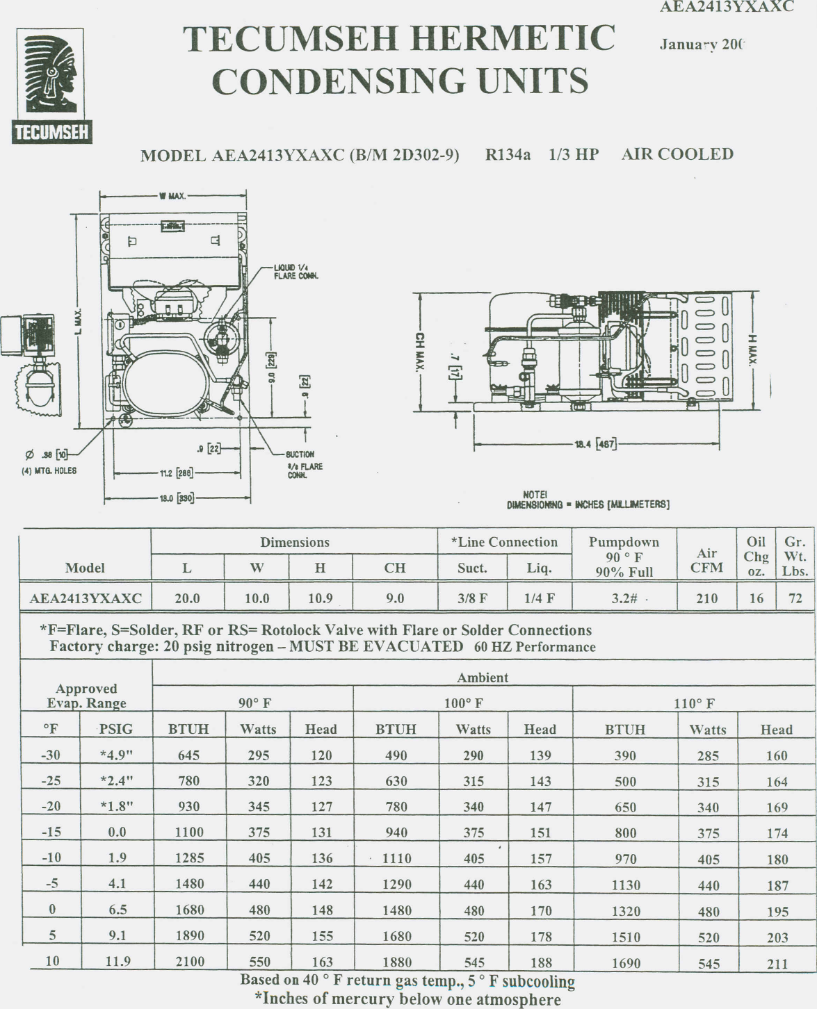 Page 1 of 2 - Tecumseh Tecumseh-Aea2413Yxaxc-Performance-Data-Sheet-  Tecumseh-aea2413yxaxc-performance-data-sheet