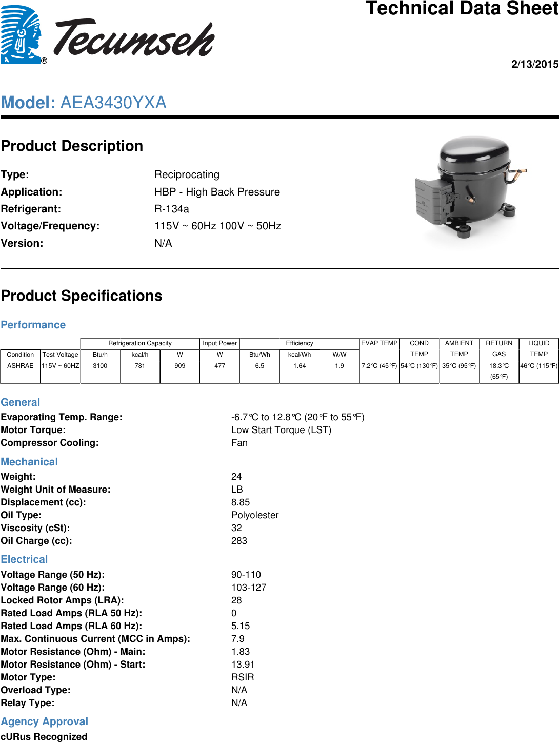 Page 1 of 1 - Tecumseh Tecumseh-Aea3430Yxa-Technical-Data-Sheet-  Tecumseh-aea3430yxa-technical-data-sheet