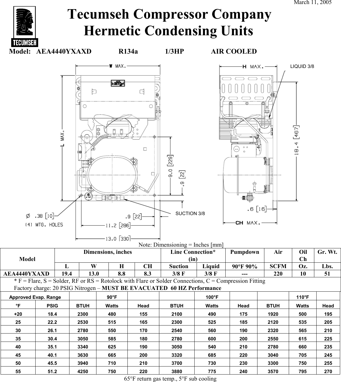 Tecumseh Aea4440Yxaxd Performance Data Sheet Tech