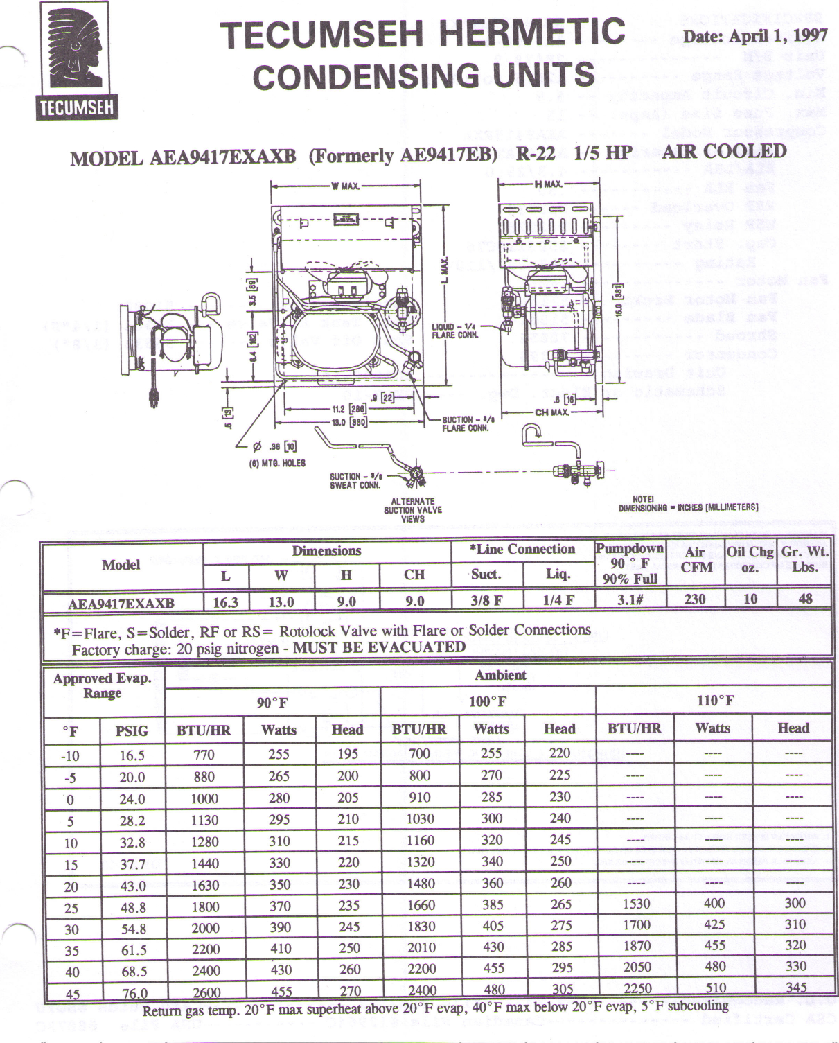 Page 1 of 2 - Tecumseh Tecumseh-Aea9417Exaxb-Performance-Data-Sheet-  Tecumseh-aea9417exaxb-performance-data-sheet