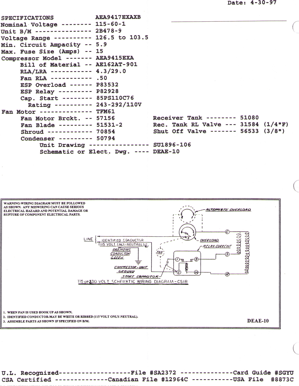 Page 2 of 2 - Tecumseh Tecumseh-Aea9417Exaxb-Performance-Data-Sheet-  Tecumseh-aea9417exaxb-performance-data-sheet