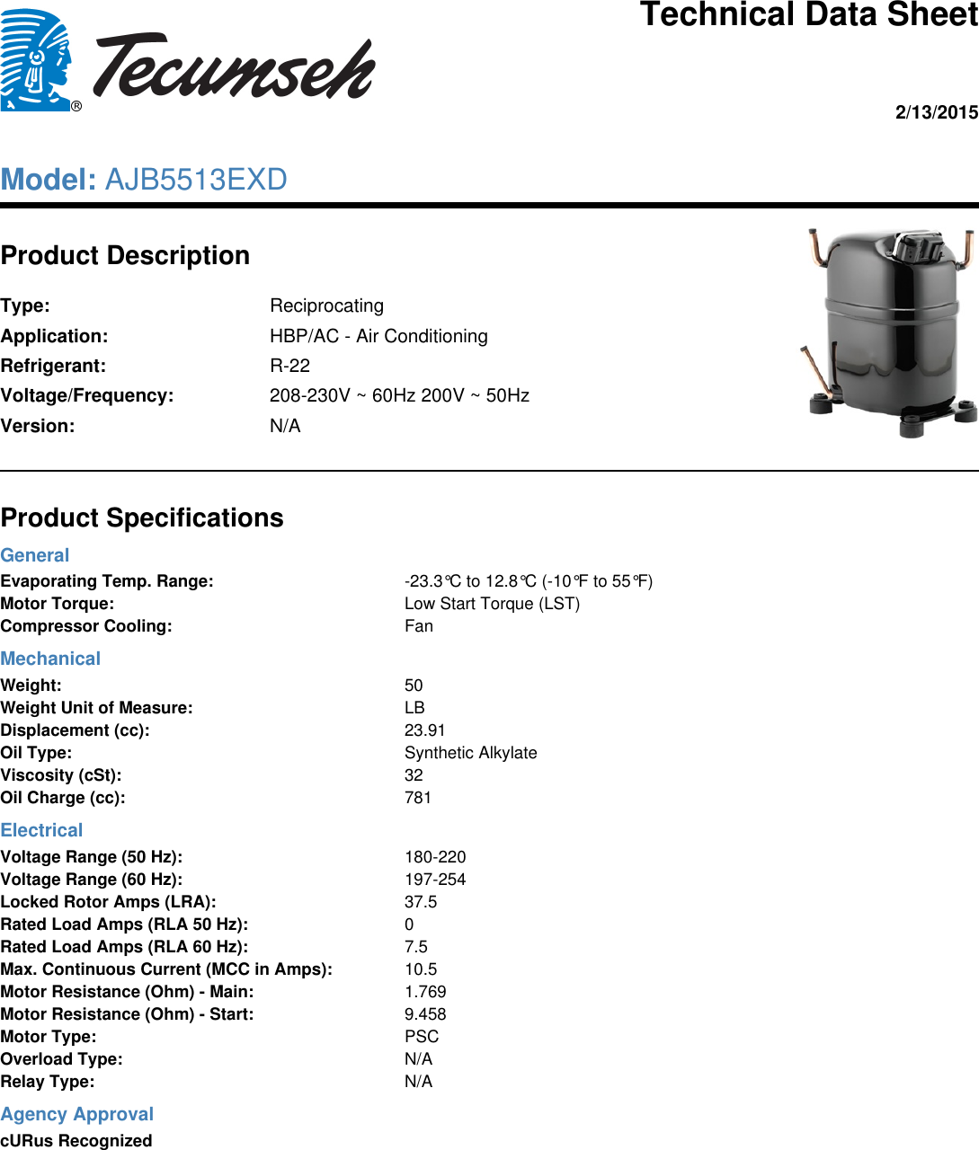 Page 1 of 1 - Tecumseh Tecumseh-Ajb5513Exd-Technical-Data-Sheet-  Tecumseh-ajb5513exd-technical-data-sheet