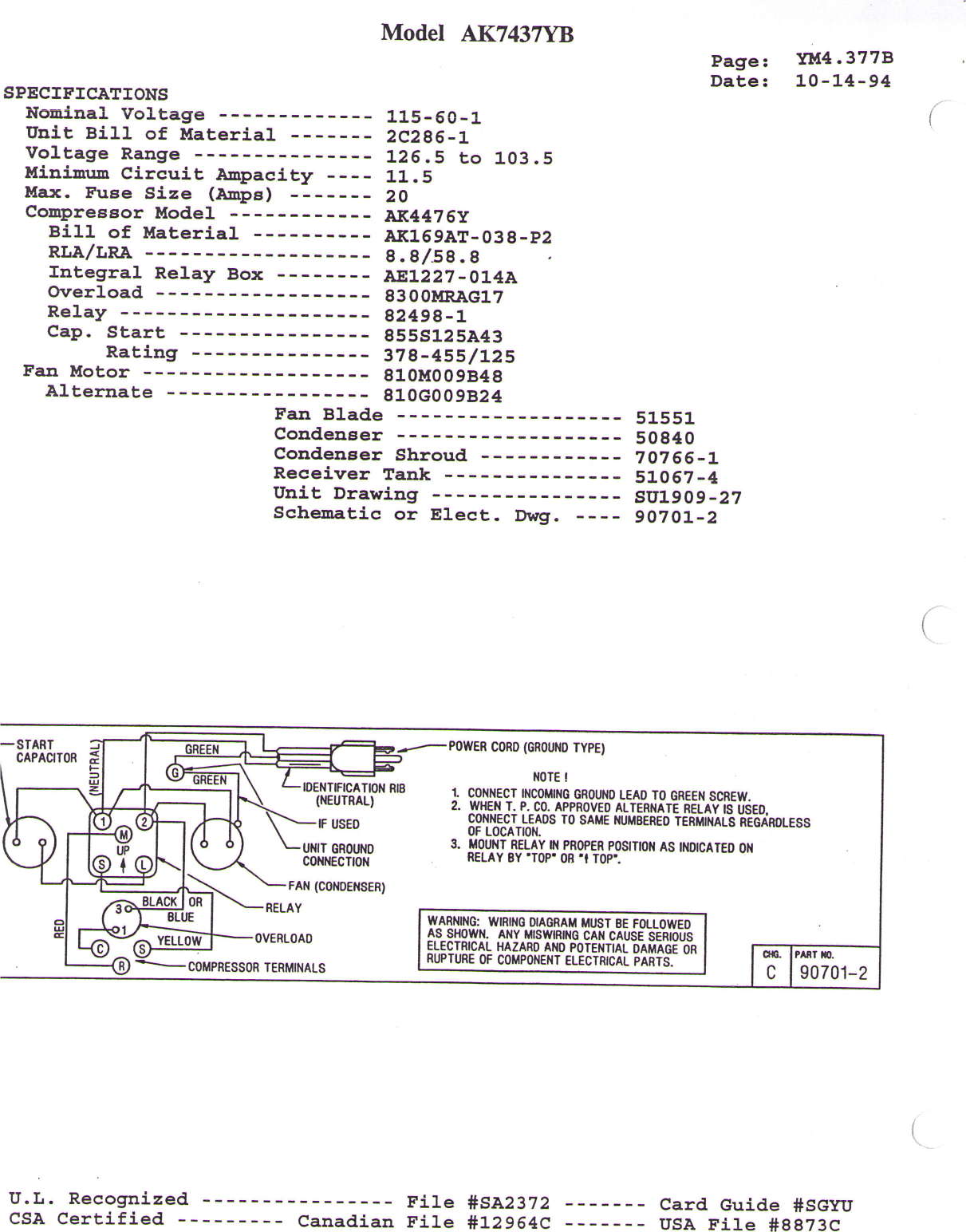 Tecumseh Aka7437Yxaxb Performance Data Sheet