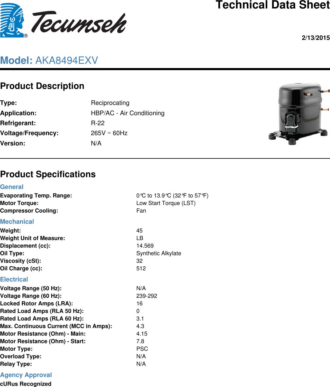 Page 1 of 1 - Tecumseh Tecumseh-Aka8494Exv-Technical-Data-Sheet-  Tecumseh-aka8494exv-technical-data-sheet