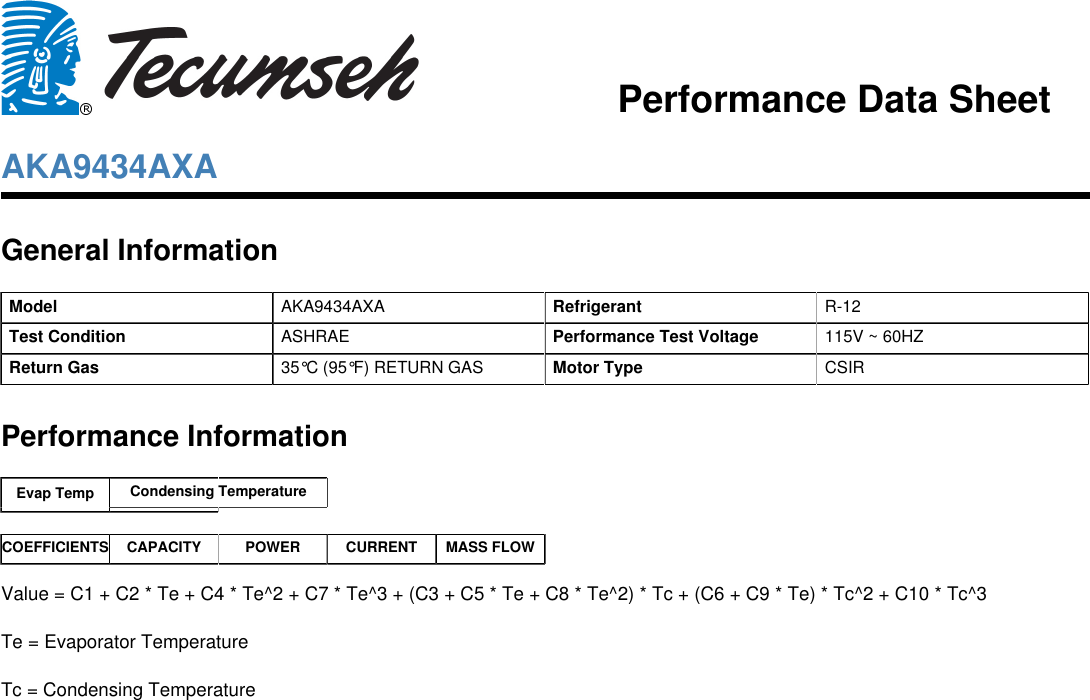 Tecumseh Aka9434Axa Performance Data Sheet