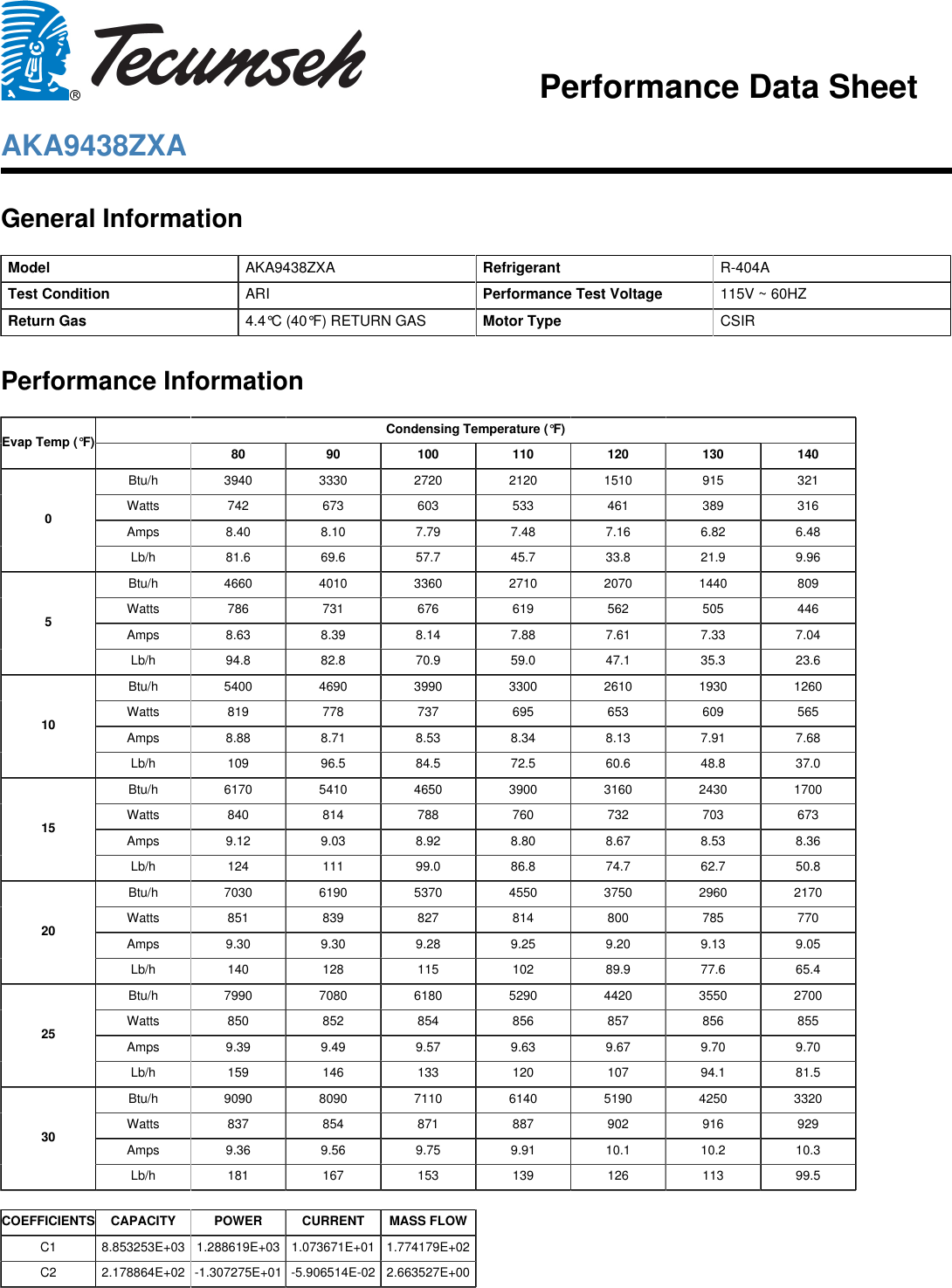 Page 1 of 2 - Tecumseh Tecumseh-Aka9438Zxa-Performance-Data-Sheet-  Tecumseh-aka9438zxa-performance-data-sheet