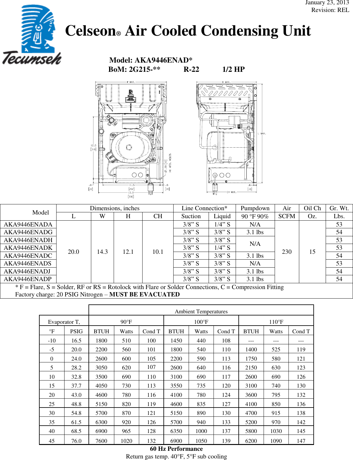 Tecumseh Aka9446Enada Performance Data Sheet June 6, 2000