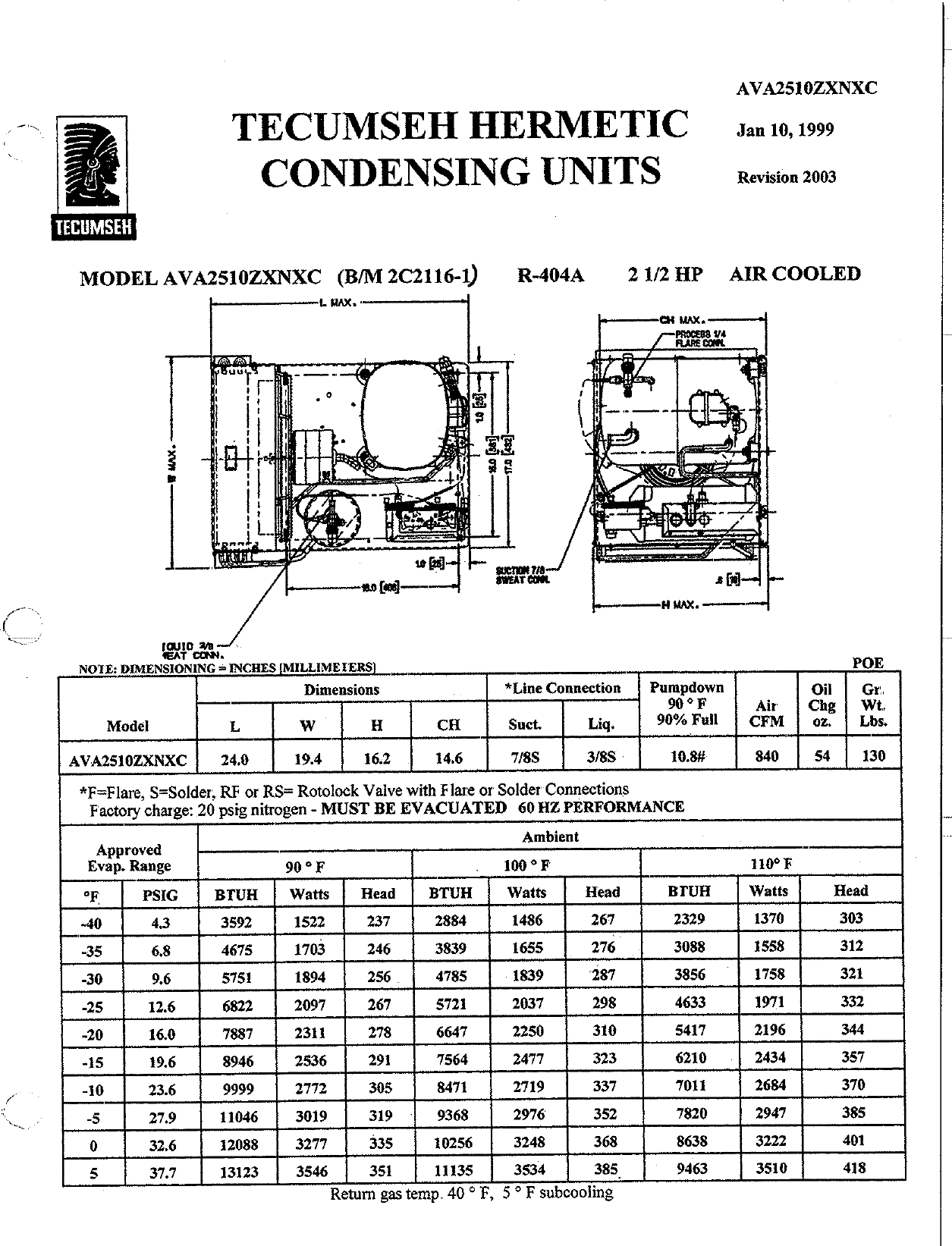 Tecumseh Ava2510Zxnxc Performance Data Sheet