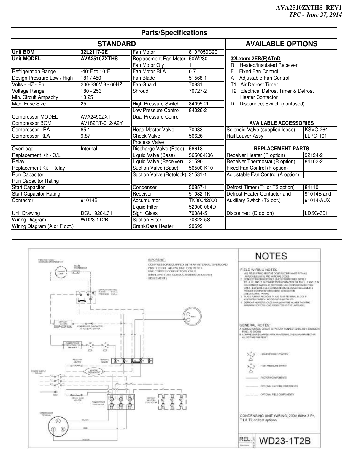 Tecumseh Ava2510Zxths Performance Data Sheet