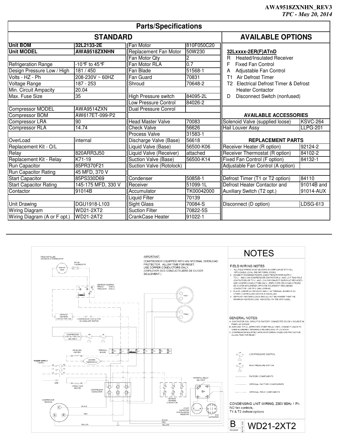 Tecumseh Awa9518Zxnhn Performance Data Sheet