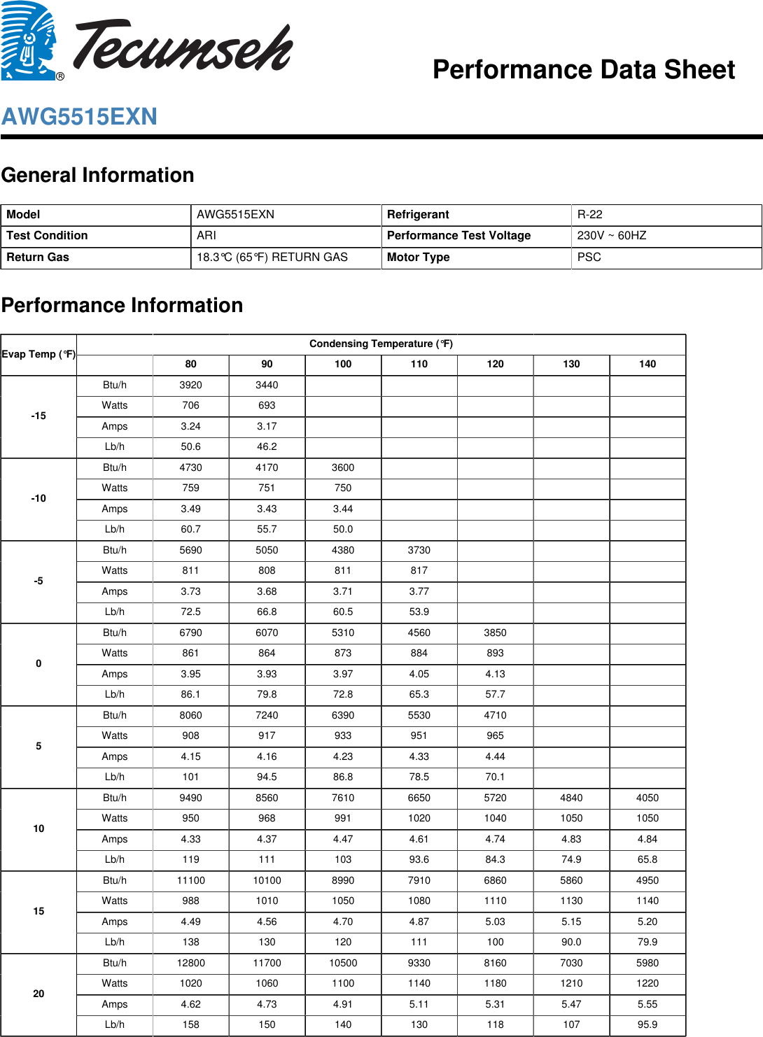 Page 1 of 2 - Tecumseh Tecumseh-Awg5515Exn-Performance-Data-Sheet-  Tecumseh-awg5515exn-performance-data-sheet