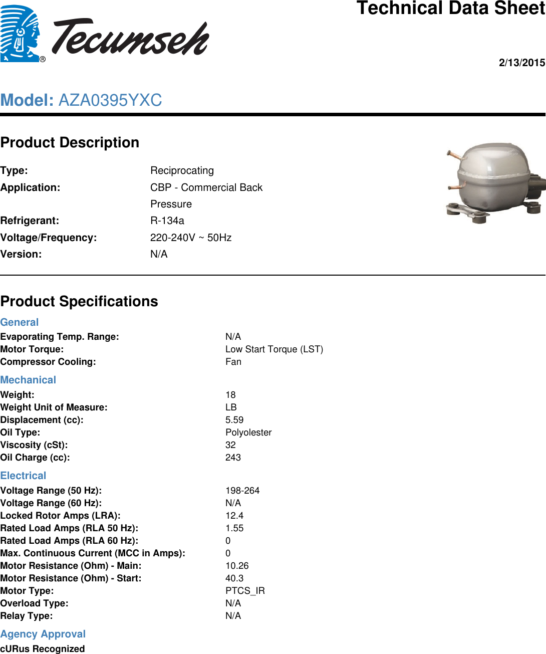 Page 1 of 1 - Tecumseh Tecumseh-Aza0395Yxc-Technical-Data-Sheet-  Tecumseh-aza0395yxc-technical-data-sheet