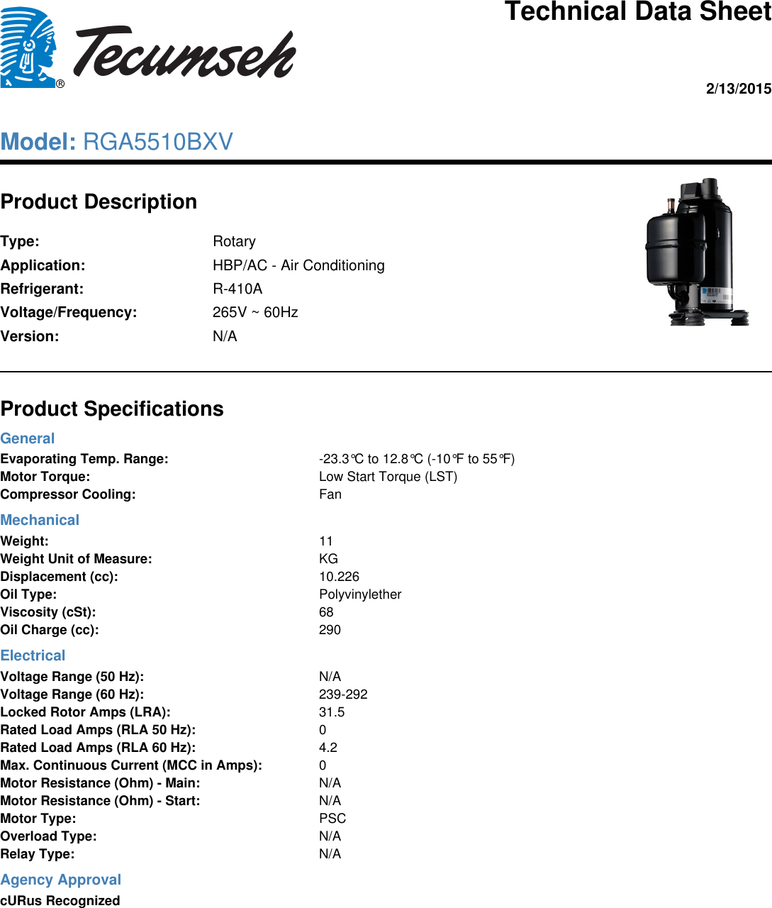 Page 1 of 1 - Tecumseh Tecumseh-Rga5510Bxv-Technical-Data-Sheet-  Tecumseh-rga5510bxv-technical-data-sheet