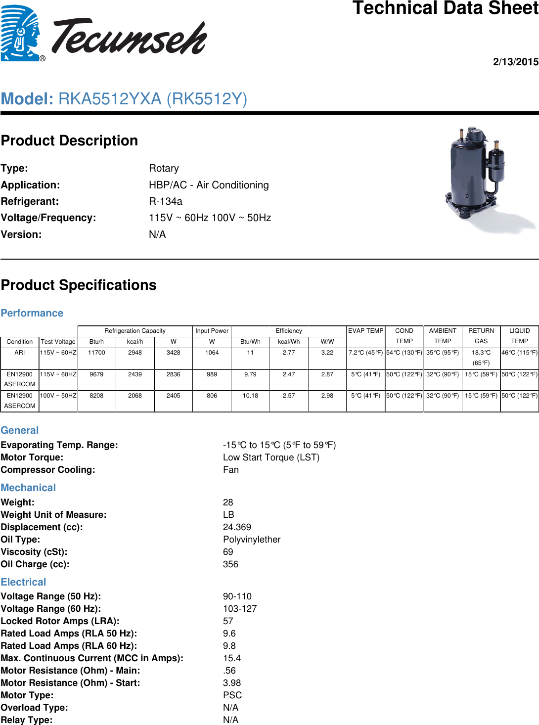 Page 1 of 2 - Tecumseh Tecumseh-Rka5512Yxa-Technical-Data-Sheet-  Tecumseh-rka5512yxa-technical-data-sheet