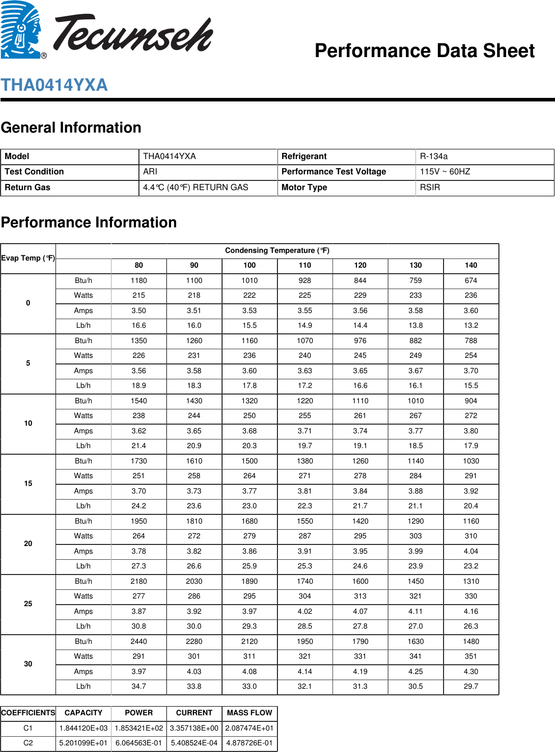 Page 1 of 4 - Tecumseh Tecumseh-Tha0414Yxa-Performance-Data-Sheet-  Tecumseh-tha0414yxa-performance-data-sheet