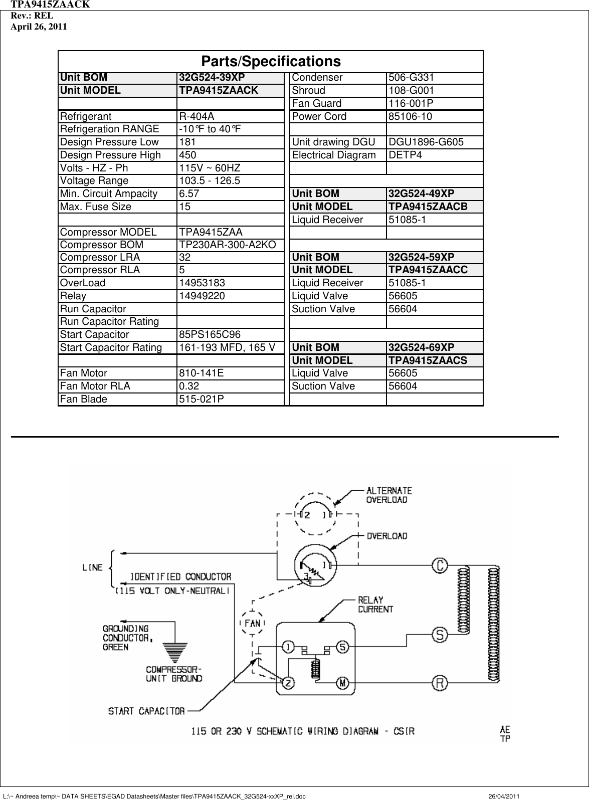 Tecumseh Tpa9415Zaacb Performance Data Sheet TPA9415ZAACK_32G524 xxXP_rel