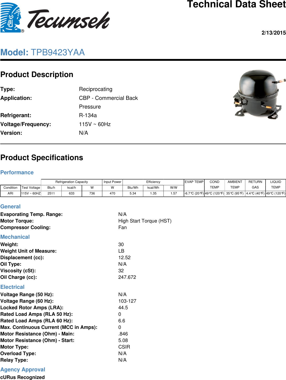 Page 1 of 1 - Tecumseh Tecumseh-Tpb9423Yaa-Technical-Data-Sheet-  Tecumseh-tpb9423yaa-technical-data-sheet