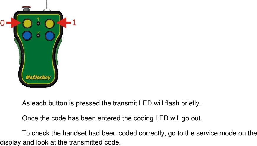    As each button is pressed the transmit LED will flash briefly.   Once the code has been entered the coding LED will go out.   To check the handset had been coded correctly, go to the service mode on the display and look at the transmitted code.   