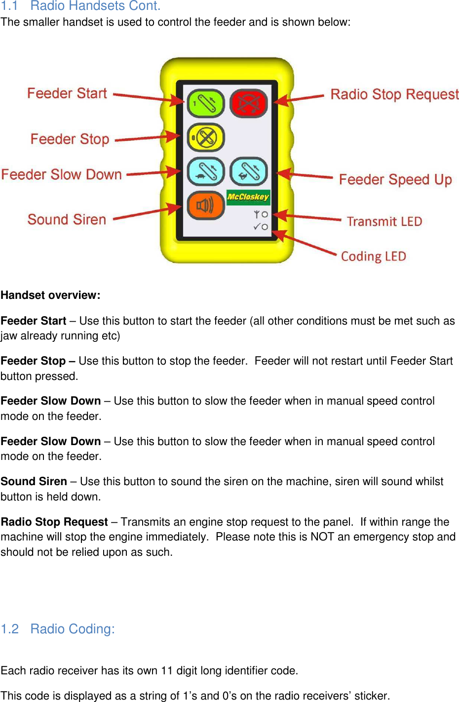 1.1  Radio Handsets Cont. The smaller handset is used to control the feeder and is shown below:  Handset overview: Feeder Start &ndash; Use this button to start the feeder (all other conditions must be met such as jaw already running etc) Feeder Stop &ndash; Use this button to stop the feeder.  Feeder will not restart until Feeder Start button pressed. Feeder Slow Down &ndash; Use this button to slow the feeder when in manual speed control mode on the feeder. Feeder Slow Down &ndash; Use this button to slow the feeder when in manual speed control mode on the feeder. Sound Siren &ndash; Use this button to sound the siren on the machine, siren will sound whilst button is held down. Radio Stop Request &ndash; Transmits an engine stop request to the panel.  If within range the machine will stop the engine immediately.  Please note this is NOT an emergency stop and should not be relied upon as such.       1.2  Radio Coding:  Each radio receiver has its own 11 digit long identifier code. This code is displayed as a string of 1&rsquo;s and 0&rsquo;s on the radio receivers&rsquo; sticker. 