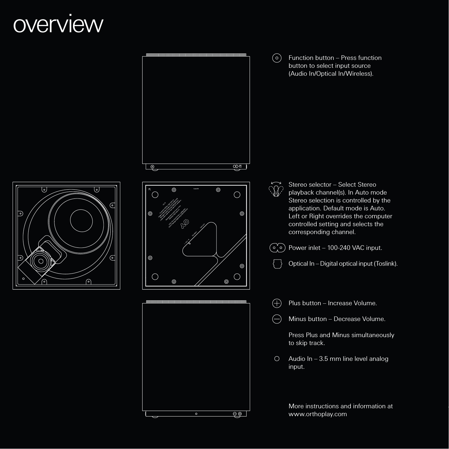 overviewFunction button – Press function button to select input source (Audio In/Optical In/Wireless).Stereo selector – Select Stereo playback channel(s). In Auto mode Stereo selection is controlled by the application. Default mode is Auto. Left or Right overrides the computer controlled setting and selects the corresponding channel.Power inlet – 100-240 VAC input.Optical In – Digital optical input (Toslink).Plus button  – Increase Volume. Minus button – Decrease Volume. Press Plus and Minus simultaneously to skip track.Audio In – 3.5 mm line level analog input.More instructions and information at www.orthoplay.com