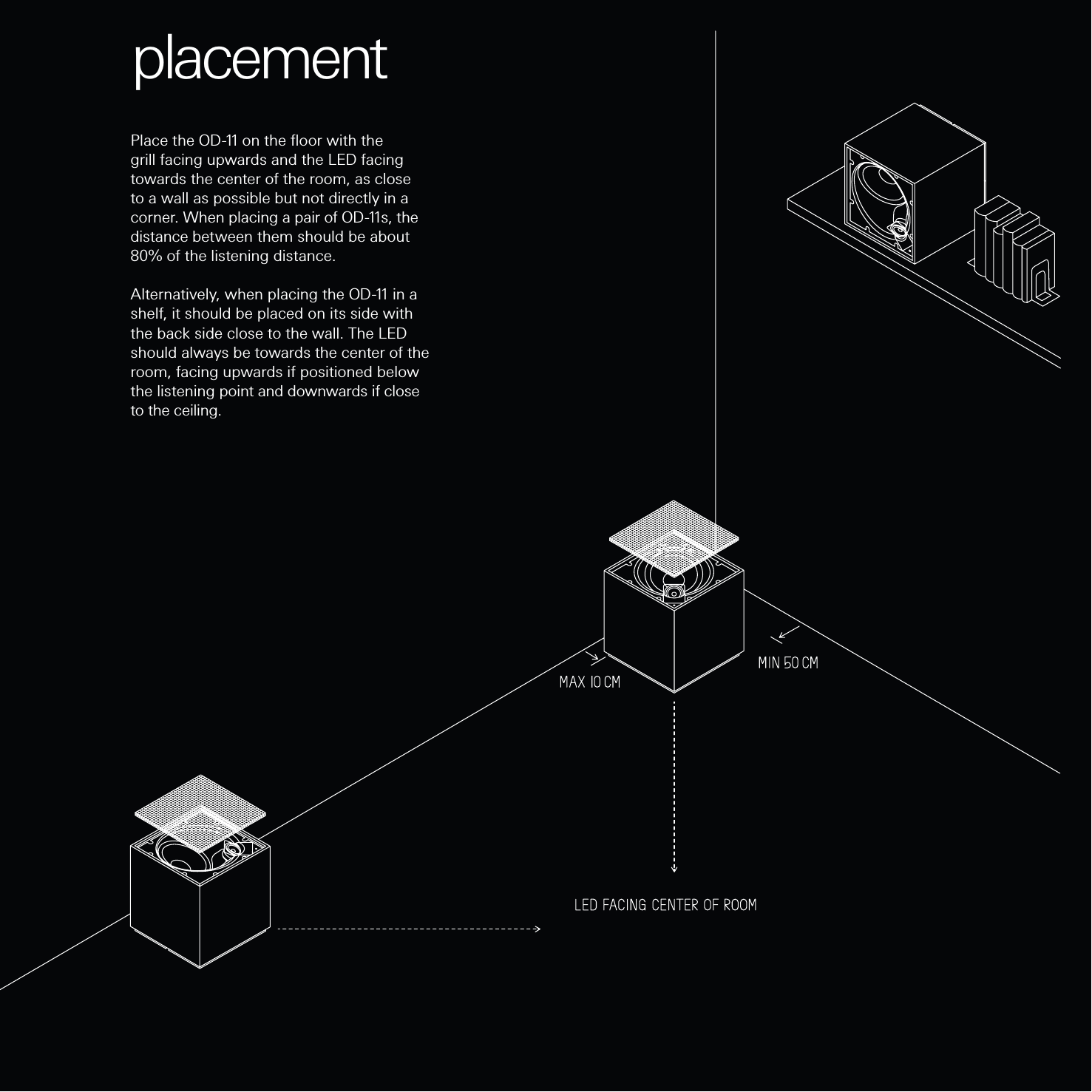 placementPlace the OD-11 on the ﬂoor with the grill facing upwards and the LED facing towards the center of the room, as close to a wall as possible but not directly in a corner. When placing a pair of OD-11s, the distance between them should be about 80% of the listening distance.Alternatively, when placing the OD-11 in a shelf, it should be placed on its side with the back side close to the wall. The LED should always be towards the center of the room, facing upwards if positioned below the listening point and downwards if close to the ceiling.