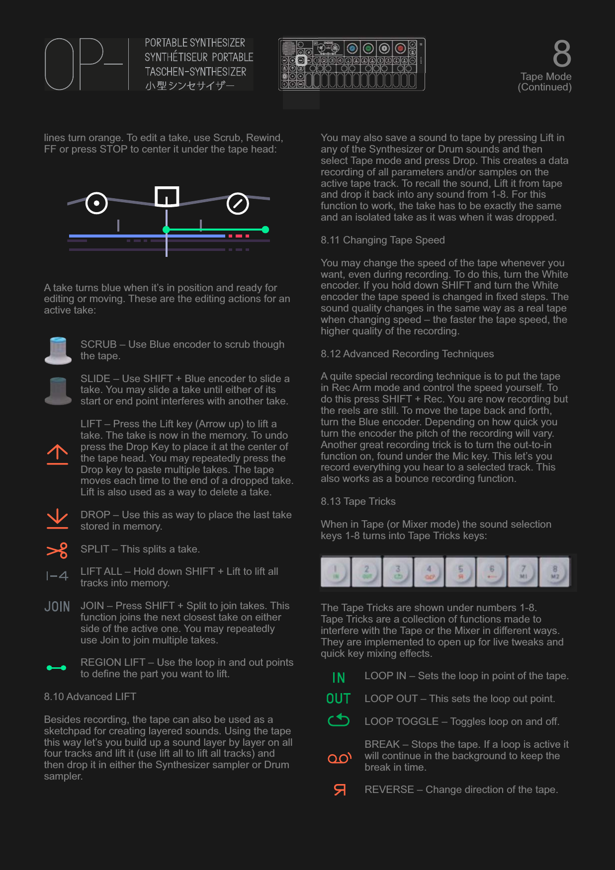 lines turn orange. To edit a take, use Scrub, Rewind, FF or press STOP to center it under the tape head:A take turns blue when it’s in position and ready for editing or moving. These are the editing actions for an active take:SCRUB – Use Blue encoder to scrub though the tape.SLIDE – Use SHIFT + Blue encoder to slide a take. You may slide a take until either of its start or end point interferes with another take.LIFT – Press the Lift key (Arrow up) to lift a take. The take is now in the memory. To undo press the Drop Key to place it at the center of the tape head. You may repeatedly press the Drop key to paste multiple takes. The tape moves each time to the end of a dropped take. Lift is also used as a way to delete a take.DROP – Use this as way to place the last take stored in memory.SPLIT – This splits a take. LIFT ALL – Hold down SHIFT + Lift to lift all tracks into memory.JOIN – Press SHIFT + Split to join takes. This function joins the next closest take on either side of the active one. You may repeatedly use Join to join multiple takes.REGION LIFT – Use the loop in and out points to define the part you want to lift.8.10 Advanced LIFTBesides recording, the tape can also be used as a sketchpad for creating layered sounds. Using the tape this way let’s you build up a sound layer by layer on all four tracks and lift it (use lift all to lift all tracks) and then drop it in either the Synthesizer sampler or Drum sampler.You may also save a sound to tape by pressing Lift in any of the Synthesizer or Drum sounds and then select Tape mode and press Drop. This creates a data recording of all parameters and/or samples on the active tape track. To recall the sound, Lift it from tape and drop it back into any sound from 1-8. For this function to work, the take has to be exactly the same and an isolated take as it was when it was dropped.8.11 Changing Tape SpeedYou may change the speed of the tape whenever you want, even during recording. To do this, turn the White encoder. If you hold down SHIFT and turn the White encoder the tape speed is changed in fixed steps. The sound quality changes in the same way as a real tape when changing speed – the faster the tape speed, the higher quality of the recording.8.12 Advanced Recording TechniquesA quite special recording technique is to put the tape in Rec Arm mode and control the speed yourself. To do this press SHIFT + Rec. You are now recording but the reels are still. To move the tape back and forth, turn the Blue encoder. Depending on how quick you turn the encoder the pitch of the recording will vary.Another great recording trick is to turn the out-to-in function on, found under the Mic key. This let’s you record everything you hear to a selected track. This also works as a bounce recording function.8.13 Tape TricksWhen in Tape (or Mixer mode) the sound selection keys 1-8 turns into Tape Tricks keys:The Tape Tricks are shown under numbers 1-8.Tape Tricks are a collection of functions made to interfere with the Tape or the Mixer in different ways. They are implemented to open up for live tweaks and quick key mixing effects.LOOP IN – Sets the loop in point of the tape.LOOP OUT – This sets the loop out point.LOOP TOGGLE – Toggles loop on and off.BREAK – Stops the tape. If a loop is active it will continue in the background to keep the break in time.REVERSE – Change direction of the tape.8Tape Mode(Continued)