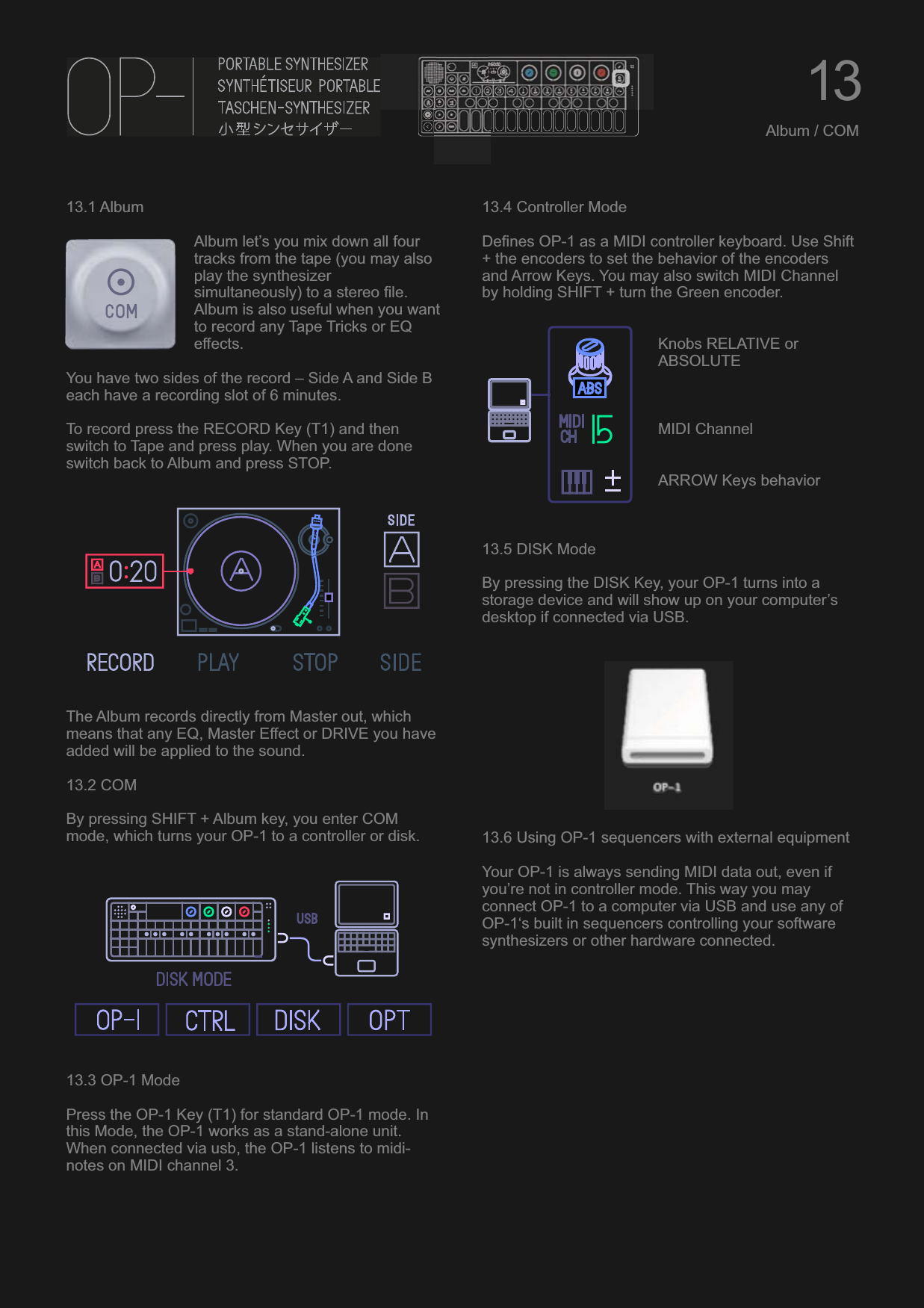 13.1 AlbumAlbum let’s you mix down all four tracks from the tape (you may also play the synthesizer simultaneously) to a stereo file. Album is also useful when you want to record any Tape Tricks or EQ effects.You have two sides of the record – Side A and Side B each have a recording slot of 6 minutes.To record press the RECORD Key (T1) and then switch to Tape and press play. When you are done switch back to Album and press STOP.The Album records directly from Master out, which means that any EQ, Master Effect or DRIVE you have added will be applied to the sound.13.2 COMBy pressing SHIFT + Album key, you enter COM mode, which turns your OP-1 to a controller or disk.13.3 OP-1 ModePress the OP-1 Key (T1) for standard OP-1 mode. In this Mode, the OP-1 works as a stand-alone unit. When connected via usb, the OP-1 listens to midi-notes on MIDI channel 3.13.4 Controller ModeDefines OP-1 as a MIDI controller keyboard. Use Shift + the encoders to set the behavior of the encoders and Arrow Keys. You may also switch MIDI Channel by holding SHIFT + turn the Green encoder.Knobs RELATIVE or ABSOLUTEMIDI ChannelARROW Keys behavior13.5 DISK ModeBy pressing the DISK Key, your OP-1 turns into a storage device and will show up on your computer’s desktop if connected via USB.13.6 Using OP-1 sequencers with external equipmentYour OP-1 is always sending MIDI data out, even if you’re not in controller mode. This way you may connect OP-1 to a computer via USB and use any of OP-1‘s built in sequencers controlling your software synthesizers or other hardware connected.13Album / COM