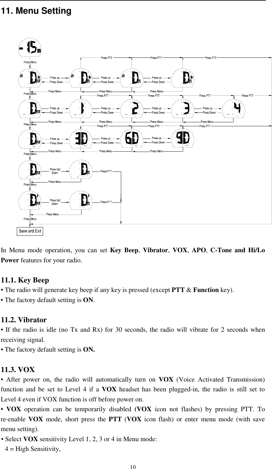   10 11. Menu Setting  In Menu mode operation, you can set Key Beep, Vibrator,  VOX,  APO,  C-Tone and Hi/Lo Power features for your radio.  11.1. Key Beep • The radio will generate key beep if any key is pressed (except PTT &amp; Function key). • The factory default setting is ON.  11.2. Vibrator • If the radio is idle (no Tx and Rx) for 30 seconds, the radio will vibrate for 2 seconds when receiving signal. • The factory default setting is ON.  11.3. VOX • After power on, the radio will automatically turn on VOX (Voice Activated Transmission)  function and be set to Level 4 if a VOX headset has been plugged-in, the radio is still set to  Level 4 even if VOX function is off before power on. •  VOX operation can be temporarily disabled (VOX icon not flashes) by pressing PTT. To re-enable VOX mode, short press the PTT (VOX  icon flash) or enter menu mode (with save menu setting).   • Select VOX sensitivity Level 1, 2, 3 or 4 in Menu mode: 4 = High Sensitivity, LOVOXAPOVOX VOXAPO APO APOLOVOX VOX