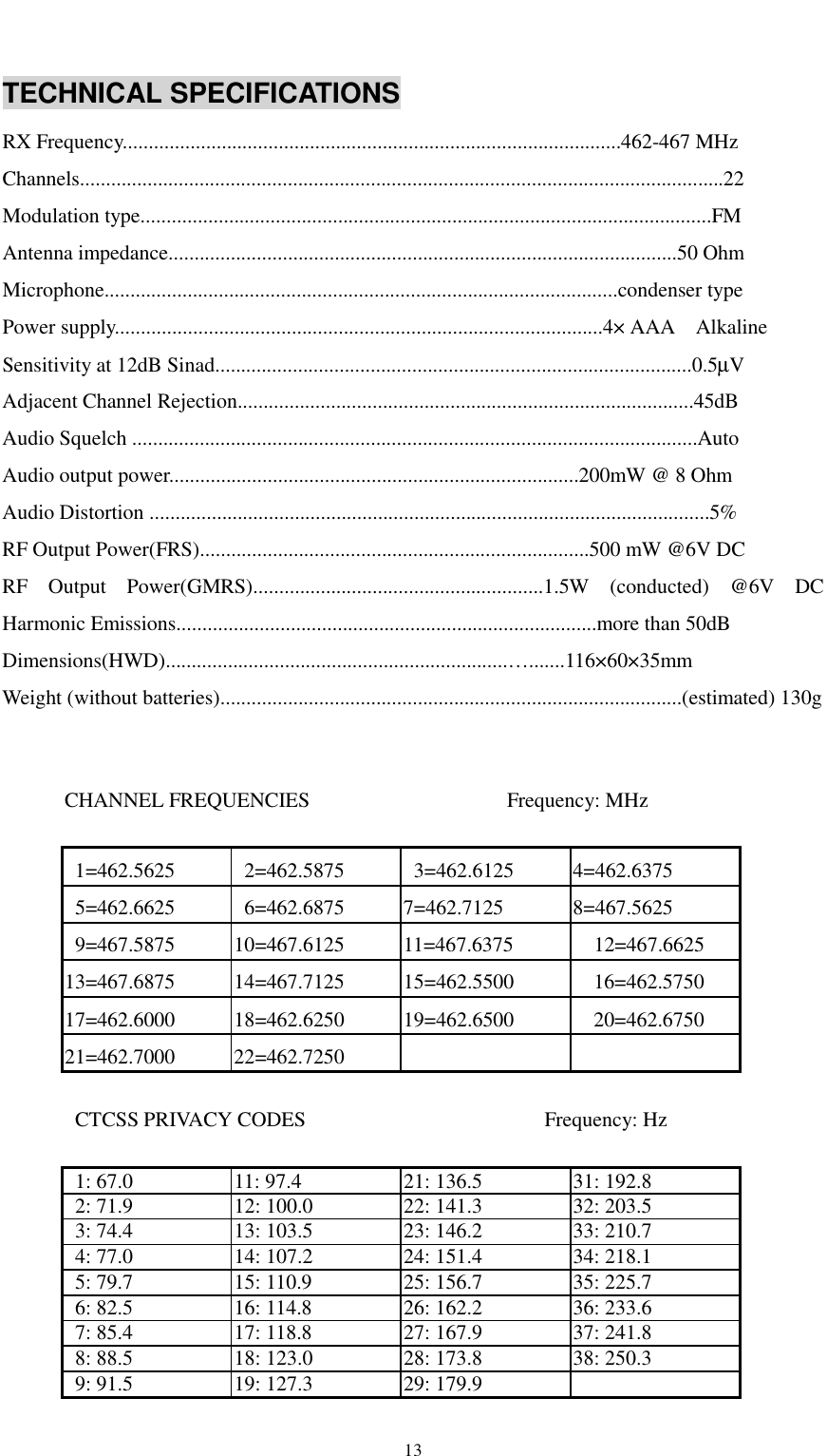   13  TECHNICAL SPECIFICATIONS RX Frequency................................................................................................462-467 MHz Channels............................................................................................................................22 Modulation type..............................................................................................................FM Antenna impedance..................................................................................................50 Ohm Microphone...................................................................................................condenser type Power supply..............................................................................................4× AAA    Alkaline Sensitivity at 12dB Sinad............................................................................................0.5µV Adjacent Channel Rejection........................................................................................45dB Audio Squelch .............................................................................................................Auto Audio output power...............................................................................200mW @ 8 Ohm Audio Distortion ............................................................................................................5% RF Output Power(FRS)...........................................................................500 mW @6V DC RF Output Power(GMRS)........................................................1.5W (conducted) @6V DC Harmonic Emissions.................................................................................more than 50dB Dimensions(HWD)..................................................................….......116×60×35mm Weight (without batteries).........................................................................................(estimated) 130g                CHANNEL FREQUENCIES                   Frequency: MHz   1=462.5625   2=462.5875   3=462.6125  4=462.6375  5=462.6625   6=462.6875  7=462.7125  8=467.5625  9=467.5875  10=467.6125  11=467.6375    12=467.6625 13=467.6875 14=467.7125 15=462.5500   16=462.5750 17=462.6000 18=462.6250 19=462.6500   20=462.6750 21=462.7000 22=462.7250            CTCSS PRIVACY CODES                       Frequency: Hz       1: 67.0  11: 97.4  21: 136.5  31: 192.8   2: 71.9  12: 100.0  22: 141.3  32: 203.5   3: 74.4  13: 103.5  23: 146.2  33: 210.7   4: 77.0  14: 107.2  24: 151.4  34: 218.1   5: 79.7  15: 110.9  25: 156.7  35: 225.7   6: 82.5  16: 114.8  26: 162.2  36: 233.6   7: 85.4  17: 118.8  27: 167.9  37: 241.8   8: 88.5  18: 123.0  28: 173.8  38: 250.3   9: 91.5  19: 127.3  29: 179.9   