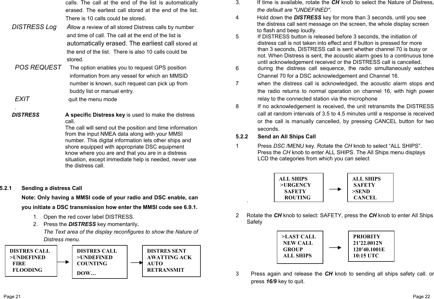Page 21                                                           Page 22 calls. The call at the end of the list is automatically erased. The earliest call stored at the end of the list.  There is 10 calls could be stored. DISTRESS Log  Allow a review of all stored Distress calls by number and time of call. The call at the end of the list is automatically erased. The earliest call stored at the end of the list.  There is also 10 calls could be stored. POS REQUEST   The option enables you to request GPS position information from any vessel for which an MMSID number is known, such request can pick up from buddy list or manual entry. EXIT   quit the menu mode . DISTRESS A specific Distress key is used to make the distress call. The call will send out the position and time information from the input NMEA data along with your MMSI number. This digital information lets other ships and shore equipped with appropriate DSC equipment know where you are and that you are in a distress situation, except immediate help is needed, never use the distress call.   5.2.1  Sending a distress Call Note: Only having a MMSI code of your radio and DSC enable, can you initiate a DSC transmission how enter the MMSI code see 6.9.1. 1.  Open the red cover label DISTRESS. 2. Press the DISTRESS key momentarily.  The Text area of the display reconfigures to show the Nature of Distress menu.       3.  If time is available, rotate the CH knob to select the Nature of Distress, the default are &quot;UNDEFINED&quot;. 4  Hold down the DISTRESS key for more than 3 seconds, until you see the distress call sent message on the screen, the whole display screen to flash and beep loudly. 5 If DISTRESS button is released before 3 seconds, the initiation of distress call is not taken into effect and If button is pressed for more than 3 seconds, DISTRESS call is sent whether channel 70 is busy or not. When Distress is sent, the acoustic alarm goes to a continuous tone until acknowledgement received or the DISTRESS call is cancelled. 6  during the distress call sequence, the radio simultaneously watches Channel 70 for a DSC acknowledgement and Channel 16.  7  when the distress call is acknowledged, the acoustic alarm stops and the radio returns to normal operation on channel 16, with high power relay to the connected station via the microphone 8  If no acknowledgement is received, the unit retransmits the DISTRESS call at random intervals of 3.5 to 4.5 minutes until a response is received or the call is manually cancelled, by pressing CANCEL button for two seconds. 5.2.2   Send an All Ships Call  1 Press DSC /MENU key. Rotate the CH knob to select “ALL SHIPS”. Press the CH knob to enter ALL SHIPS. The All Ships menu displays LCD the categories from which you can select        .  2 Rotate the CH knob to select: SAFETY, press the CH knob to enter All Ships Safety        3  Press again and release the CH knob to sending all ships safety call. or press 16/9 key to quit. &gt;LAST CALL NEW CALL  GROUP  ALL SHIPS PRIORITY 21’22.0012N 120’40.1001E 10:15 UTC ALL SHIPS  SAFETY &gt;SEND CANCELALL SHIPS  &gt;URGENCY SAFETY ROUTINGDISTRES CALL &gt;UNDEFINED   FIRE   FLOODING DISTRES CALL &gt;UNDEFINED COUNTING DOW… DISTRES SENT AWATTING ACK AUTO RETRANSMIT 
