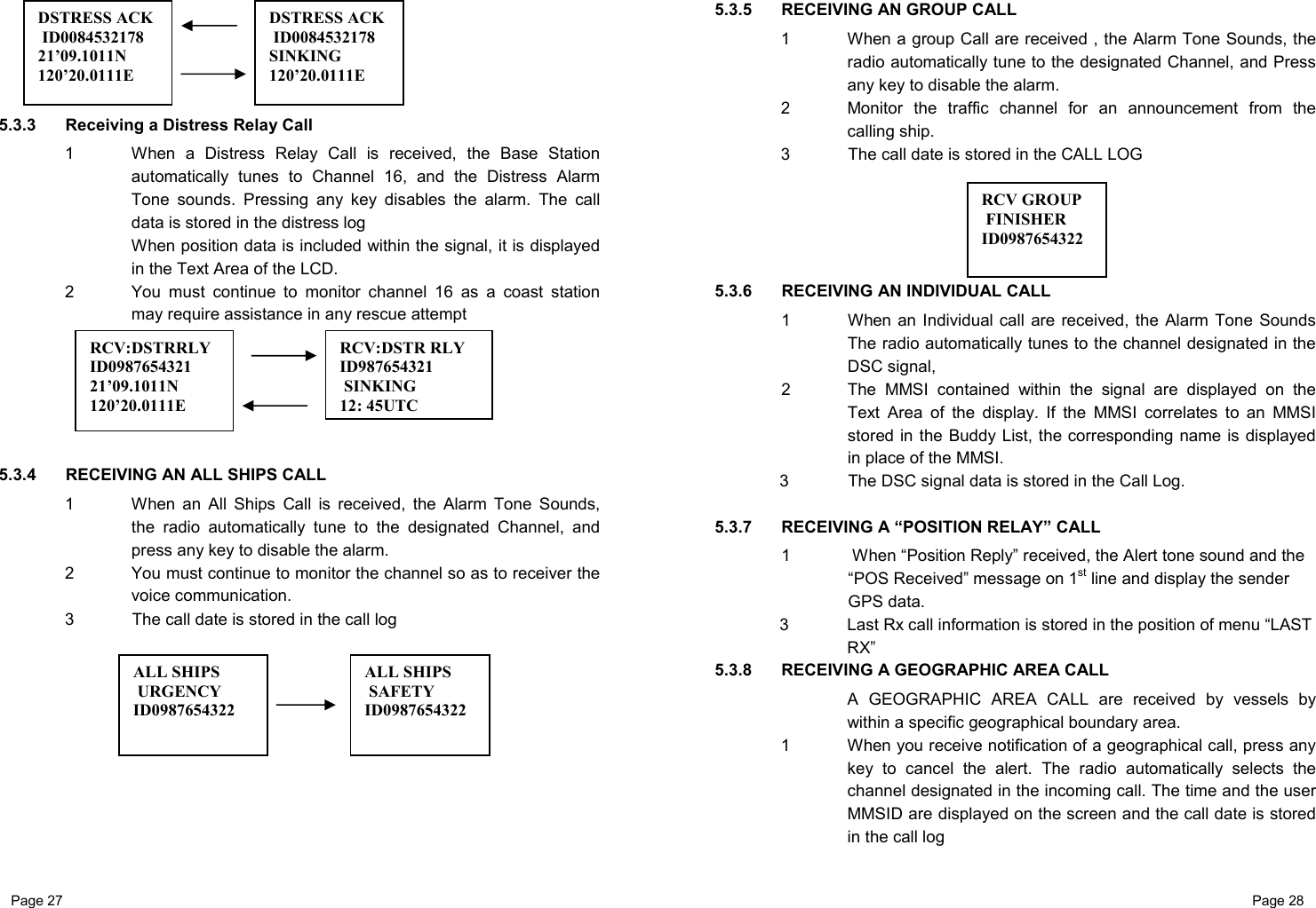 Page 27                                                           Page 28      5.3.3  Receiving a Distress Relay Call 1  When a Distress Relay Call is received, the Base Station automatically tunes to Channel 16, and the Distress Alarm Tone sounds. Pressing any key disables the alarm. The call data is stored in the distress log When position data is included within the signal, it is displayed in the Text Area of the LCD.  2  You must continue to monitor channel 16 as a coast station may require assistance in any rescue attempt       5.3.4  RECEIVING AN ALL SHIPS CALL 1  When an All Ships Call is received, the Alarm Tone Sounds, the radio automatically tune to the designated Channel, and press any key to disable the alarm.  2  You must continue to monitor the channel so as to receiver the voice communication. 3  The call date is stored in the call log        5.3.5  RECEIVING AN GROUP CALL 1  When a group Call are received , the Alarm Tone Sounds, the radio automatically tune to the designated Channel, and Press any key to disable the alarm.  2  Monitor the traffic channel for an announcement from the calling ship. 3  The call date is stored in the CALL LOG     5.3.6   RECEIVING AN INDIVIDUAL CALL 1  When an Individual call are received, the Alarm Tone Sounds The radio automatically tunes to the channel designated in the DSC signal,  2  The MMSI contained within the signal are displayed on the Text Area of the display. If the MMSI correlates to an MMSI stored in the Buddy List, the corresponding name is displayed in place of the MMSI. 3  The DSC signal data is stored in the Call Log.   5.3.7   RECEIVING A “POSITION RELAY” CALL 1   When “Position Reply” received, the Alert tone sound and the “POS Received” message on 1st line and display the sender GPS data. 3  Last Rx call information is stored in the position of menu “LAST RX” 5.3.8   RECEIVING A GEOGRAPHIC AREA CALL A GEOGRAPHIC AREA CALL are received by vessels by within a specific geographical boundary area. 1  When you receive notification of a geographical call, press any key to cancel the alert. The radio automatically selects the channel designated in the incoming call. The time and the user MMSID are displayed on the screen and the call date is stored in the call log RCV:DSTR RLY ID987654321  SINKING 12: 45UTCRCV:DSTRRLY ID0987654321 21’09.1011N 120’20.0111E  RCV GROUP FINISHER ID0987654322DSTRESS ACK  ID0084532178 21’09.1011N 120’20.0111E  DSTRESS ACK ID0084532178 SINKING 120’20.0111E  ALL SHIPS  URGENCY ID0987654322 ALL SHIPS  SAFETY ID0987654322
