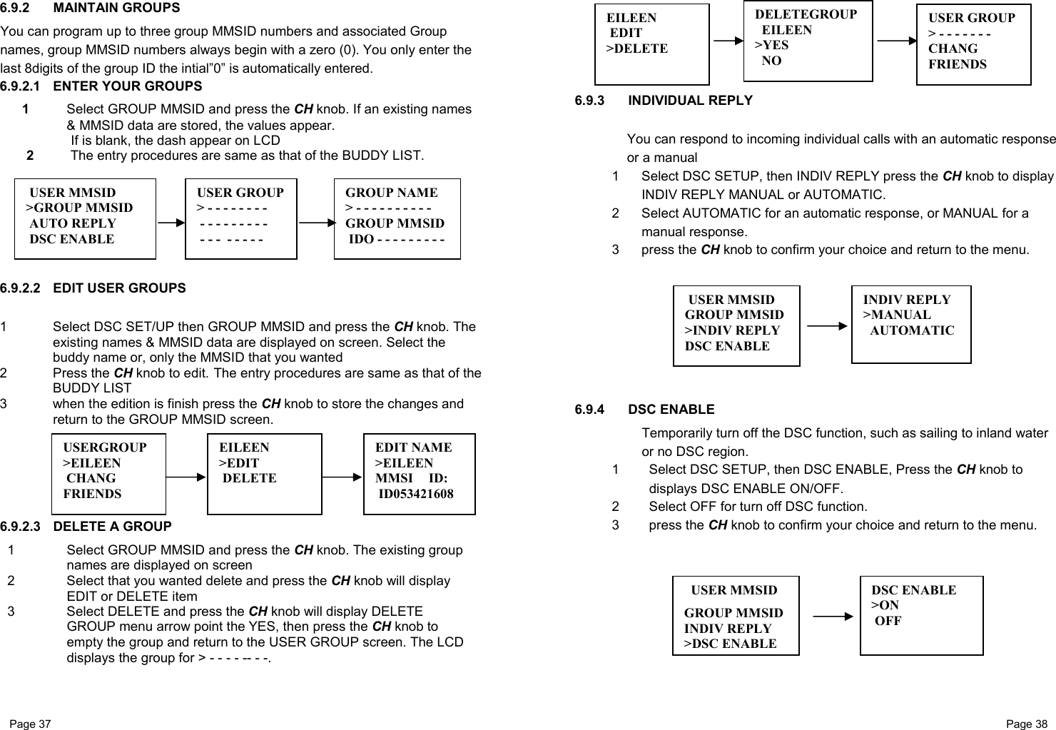 Page 37                                                           Page 38 6.9.2 MAINTAIN GROUPS You can program up to three group MMSID numbers and associated Group names, group MMSID numbers always begin with a zero (0). You only enter the last 8digits of the group ID the intial”0” is automatically entered. 6.9.2.1  ENTER YOUR GROUPS 1  Select GROUP MMSID and press the CH knob. If an existing names &amp; MMSID data are stored, the values appear.  If is blank, the dash appear on LCD  2   The entry procedures are same as that of the BUDDY LIST.         6.9.2.2  EDIT USER GROUPS  1 Select DSC SET/UP then GROUP MMSID and press the CH knob. The existing names &amp; MMSID data are displayed on screen. Select the buddy name or, only the MMSID that you wanted 2 Press the CH knob to edit. The entry procedures are same as that of the BUDDY LIST 3  when the edition is finish press the CH knob to store the changes and return to the GROUP MMSID screen.       6.9.2.3  DELETE A GROUP 1 Select GROUP MMSID and press the CH knob. The existing group names are displayed on screen 2  Select that you wanted delete and press the CH knob will display EDIT or DELETE item  3  Select DELETE and press the CH knob will display DELETE GROUP menu arrow point the YES, then press the CH knob to empty the group and return to the USER GROUP screen. The LCD displays the group for &gt; - - - - -- - -.         6.9.3 INDIVIDUAL REPLY  You can respond to incoming individual calls with an automatic response or a manual  1  Select DSC SETUP, then INDIV REPLY press the CH knob to display INDIV REPLY MANUAL or AUTOMATIC. 2  Select AUTOMATIC for an automatic response, or MANUAL for a manual response. 3 press the CH knob to confirm your choice and return to the menu.           6.9.4 DSC ENABLE Temporarily turn off the DSC function, such as sailing to inland water or no DSC region. 1  Select DSC SETUP, then DSC ENABLE, Press the CH knob to displays DSC ENABLE ON/OFF. 2  Select OFF for turn off DSC function.  3 press the CH knob to confirm your choice and return to the menu.              USER MMSID GROUP MMSID&gt;INDIV REPLYDSC ENABLE INDIV REPLY&gt;MANUAL   AUTOMATIC  USERGROUP  &gt;EILEEN  CHANG FRIENDS  EDIT NAME &gt;EILEEN  MMSI ID:  ID053421608 EILEEN &gt;EDIT  DELETE   EILEEN  EDIT &gt;DELETE   DELETEGROUP  EILEEN &gt;YES   NO USER GROUP &gt; - - - - - - -  CHANG FRIENDS     USER MMSID GROUP MMSIDINDIV REPLY &gt;DSC ENABLEDSC ENABLE &gt;ON  OFF  USER MMSID &gt;GROUP MMSID  AUTO REPLY  DSC ENABLE USER GROUP&gt; - - - - - - - -  - - - - - - - - -  - - -  - - - - -  GROUP NAME &gt; - - - - - - - - - - GROUP MMSID IDO - - - - - - - - -