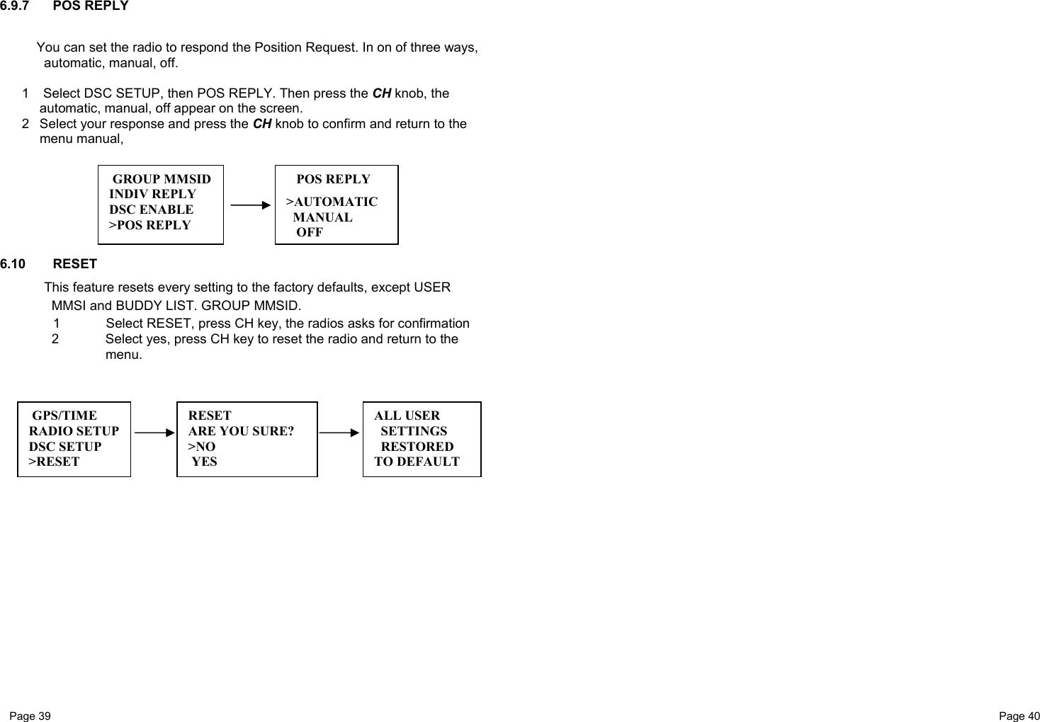 Page 39                                                           Page 40 6.9.7 POS REPLY  You can set the radio to respond the Position Request. In on of three ways, automatic, manual, off.  1   Select DSC SETUP, then POS REPLY. Then press the CH knob, the automatic, manual, off appear on the screen. 2  Select your response and press the CH knob to confirm and return to the menu manual,         6.10 RESET This feature resets every setting to the factory defaults, except USER MMSI and BUDDY LIST. GROUP MMSID.   1  Select RESET, press CH key, the radios asks for confirmation 2  Select yes, press CH key to reset the radio and return to the menu.                                         GROUP MMSID INDIV REPLY DSC ENABLE &gt;POS REPLY    POS REPLY &gt;AUTOMATIC  MANUAL   OFF RESET ARE YOU SURE? &gt;NO  YES  GPS/TIME RADIO SETUP DSC SETUP &gt;RESET ALL USER   SETTINGS   RESTORED TO DEFAULT