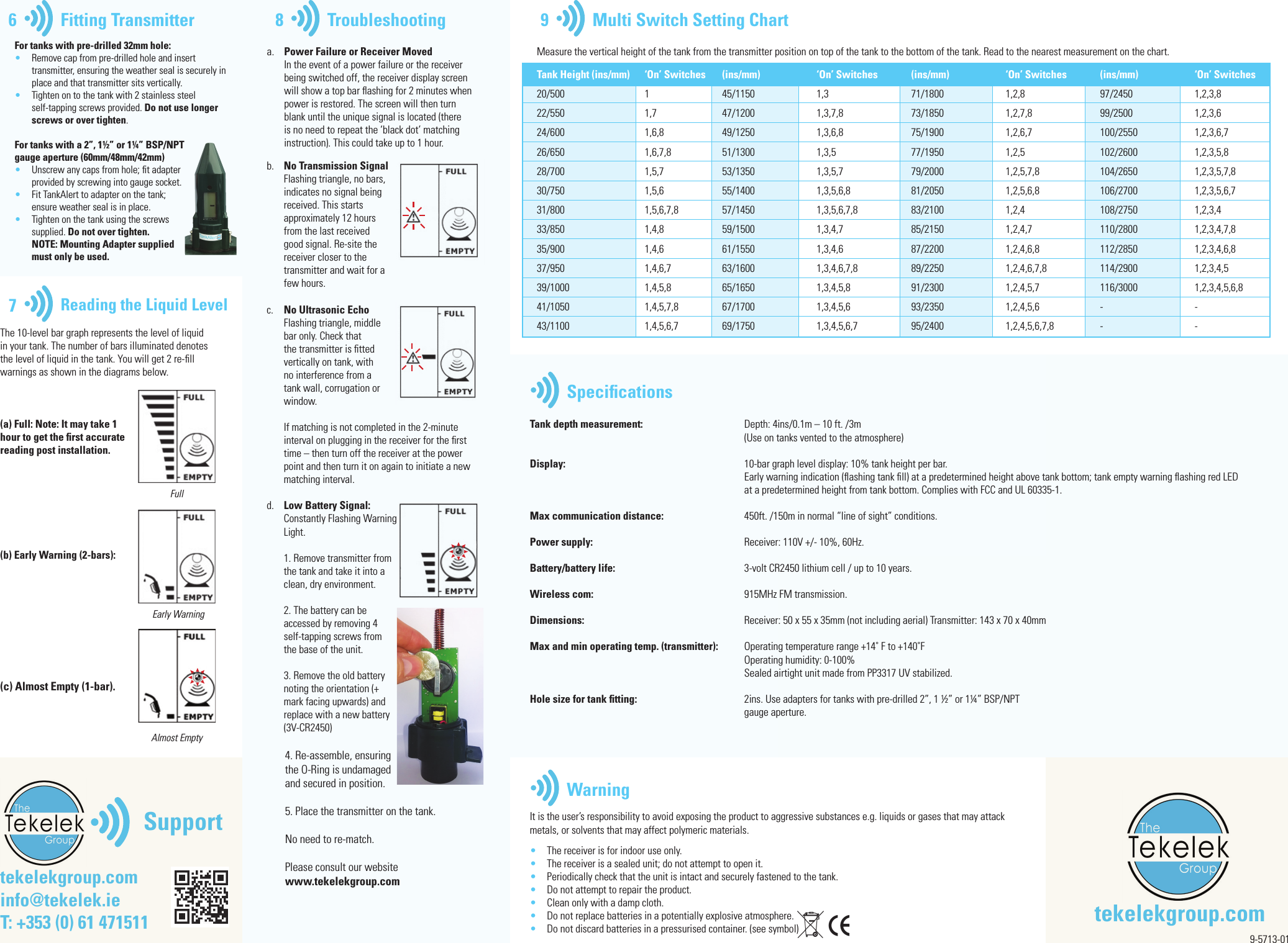 tekelekgroup.cominfo@tekelek.ieT: +353 (0) 61 471511SupportMulti Switch Setting Chart9Measure the vertical height of the tank from the transmitter position on top of the tank to the bottom of the tank. Read to the nearest measurement on the chart.Tank Height (ins/mm)  &lsquo;On&rsquo; Switches  (ins/mm)  &lsquo;On&rsquo; Switches  (ins/mm)  &lsquo;On&rsquo; Switches  (ins/mm)  &lsquo;On&rsquo; Switches20/500  1  45/1150 1,3  71/1800 1,2,8  97/2450 1,2,3,822/550  1,7  47/1200 1,3,7,8  73/1850 1,2,7,8  99/2500 1,2,3,624/600  1,6,8 49/1250 1,3,6,8  75/1900 1,2,6,7  100/2550 1,2,3,6,726/650  1,6,7,8 51/1300 1,3,5  77/1950 1,2,5  102/2600 1,2,3,5,828/700  1,5,7 53/1350 1,3,5,7  79/2000 1,2,5,7,8 104/2650 1,2,3,5,7,830/750  1,5,6 55/1400 1,3,5,6,8 81/2050 1,2,5,6,8 106/2700 1,2,3,5,6,731/800  1,5,6,7,8 57/1450 1,3,5,6,7,8 83/2100 1,2,4  108/2750 1,2,3,433/850  1,4,8 59/1500 1,3,4,7  85/2150 1,2,4,7  110/2800 1,2,3,4,7,835/900  1,4,6 61/1550 1,3,4,6  87/2200 1,2,4,6,8 112/2850 1,2,3,4,6,837/950  1,4,6,7 63/1600  1,3,4,6,7,8 89/2250  1,2,4,6,7,8 114/2900  1,2,3,4,539/1000  1,4,5,8 65/1650 1,3,4,5,8 91/2300  1,2,4,5,7 116/3000 1,2,3,4,5,6,841/1050  1,4,5,7,8 67/1700 1,3,4,5,6 93/2350  1,2,4,5,6 -  -  43/1100  1,4,5,6,7 69/1750 1,3,4,5,6,7 95/2400 1,2,4,5,6,7,8 -  -WarningSpeciﬁcationsTank depth measurement:  Depth: 4ins/0.1m &ndash; 10 ft. /3m   (Use on tanks vented to the atmosphere)Display:  10-bar graph level display: 10% tank height per bar.  Early warning indication (ﬂashing tank ﬁll) at a predetermined height above tank bottom; tank empty warning ﬂashing red LED      at a predetermined height from tank bottom. Complies with FCC and UL 60335-1.Max communication distance:  450ft. /150m in normal &ldquo;line of sight&rdquo; conditions.Power supply:  Receiver: 110V +/- 10%, 60Hz.  Battery/battery life:  3-volt CR2450 lithium cell / up to 10 years.     Wireless com:  915MHz FM transmission.Dimensions:  Receiver: 50 x 55 x 35mm (not including aerial) Transmitter: 143 x 70 x 40mmMax and min operating temp. (transmitter):  Operating temperature range +14˚ F to +140˚F     Operating humidity: 0-100%  Sealed airtight unit made from PP3317 UV stabilized.Hole size for tank ﬁtting:  2ins. Use adapters for tanks with pre-drilled 2&rdquo;, 1 &frac12;&rdquo; or 1&frac14;&rdquo; BSP/NPT                gauge aperture.Reading the Liquid Level7a.  Power Failure or Receiver Moved  In the event of a power failure or the receiver being switched off, the receiver display screen will show a top bar ﬂashing for 2 minutes when power is restored. The screen will then turn blank until the unique signal is located (there is no need to repeat the &lsquo;black dot&rsquo; matching instruction). This could take up to 1 hour.Troubleshooting8The 10-level bar graph represents the level of liquid in your tank. The number of bars illuminated denotes the level of liquid in the tank. You will get 2 re-ﬁll warnings as shown in the diagrams below. (a) Full: Note: It may take 1 hour to get the ﬁrst accurate reading post installation. (b) Early Warning (2-bars): (c) Almost Empty (1-bar). Fitting Transmitter6For tanks with pre-drilled 32mm hole:&bull;  Remove cap from pre-drilled hole and insert transmitter, ensuring the weather seal is securely in place and that transmitter sits vertically.&bull;  Tighten on to the tank with 2 stainless steel self-tapping screws provided. Do not use longer screws or over tighten.For tanks with a 2&rdquo;, 1&frac12;&rdquo; or 1&frac14;&rdquo; BSP/NPT gauge aperture (60mm/48mm/42mm)&bull;  Unscrew any caps from hole; ﬁt adapter provided by screwing into gauge socket.&bull;  Fit TankAlert to adapter on the tank; ensure weather seal is in place.&bull;  Tighten on the tank using the screws supplied. Do not over tighten.   NOTE: Mounting Adapter supplied must only be used.tekelekgroup.comFullEarly WarningAlmost Emptyb.  No Transmission Signal  Flashing triangle, no bars, indicates no signal being received. This starts approximately 12 hours from the last received good signal. Re-site the receiver closer to the transmitter and wait for a few hours.c.  No Ultrasonic Echo   Flashing triangle, middle bar only. Check that the transmitter is ﬁtted vertically on tank, with no interference from a tank wall, corrugation or window.    If matching is not completed in the 2-minute interval on plugging in the receiver for the ﬁrst time &ndash; then turn off the receiver at the power point and then turn it on again to initiate a new matching interval.d.  Low Battery Signal: Constantly Flashing Warning Light.   1. Remove transmitter from the tank and take it into a clean, dry environment.  2. The battery can be accessed by removing 4 self-tapping screws from the base of the unit.  3. Remove the old battery noting the orientation (+ mark facing upwards) and replace with a new battery (3V-CR2450)  4. Re-assemble, ensuring the O-Ring is undamaged and secured in position.  5. Place the transmitter on the tank.  No need to re-match.  Please consult our website www.tekelekgroup.com It is the user&rsquo;s responsibility to avoid exposing the product to aggressive substances e.g. liquids or gases that may attack metals, or solvents that may affect polymeric materials. &bull;  The receiver is for indoor use only. &bull;  The receiver is a sealed unit; do not attempt to open it. &bull;  Periodically check that the unit is intact and securely fastened to the tank.&bull;  Do not attempt to repair the product.&bull;  Clean only with a damp cloth. &bull;  Do not replace batteries in a potentially explosive atmosphere. &bull;  Do not discard batteries in a pressurised container. (see symbol) 9-5713-01
