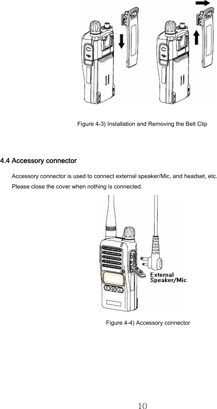 10   Figure 4-3) Installation and Removing the Belt Clip  4.4 Accessory connector Accessory connector is used to connect external speaker/Mic, and headset, etc. Please close the cover when nothing is connected.  Figure 4-4) Accessory connector 