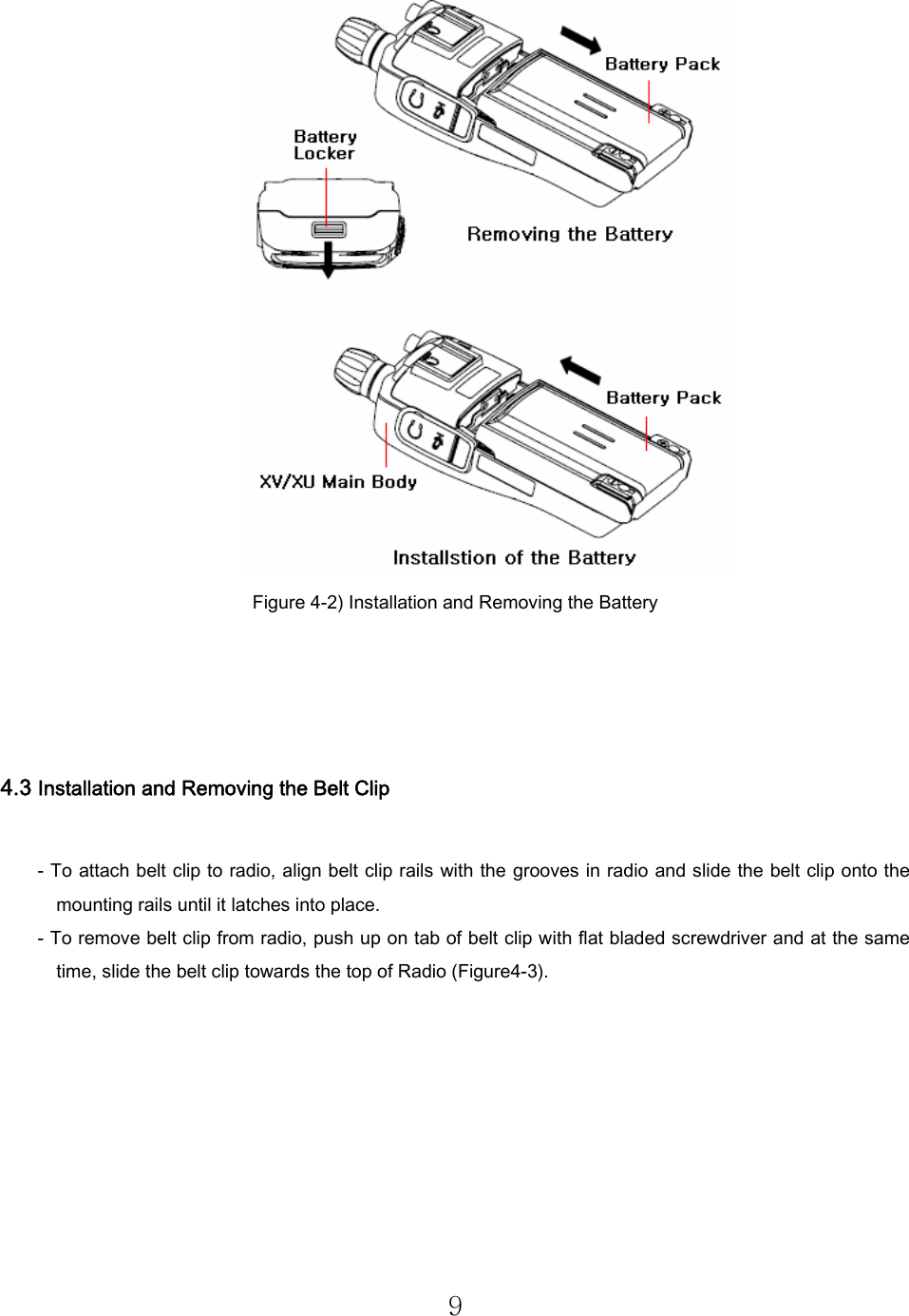 9  Figure 4-2) Installation and Removing the Battery   4.3 Installation and Removing the Belt Clip  - To attach belt clip to radio, align belt clip rails with the  grooves in radio and slide the belt clip onto the mounting rails until it latches into place. - To remove belt clip from radio, push up on tab of belt clip with flat bladed screwdriver and at the same time, slide the belt clip towards the top of Radio (Figure4-3).  