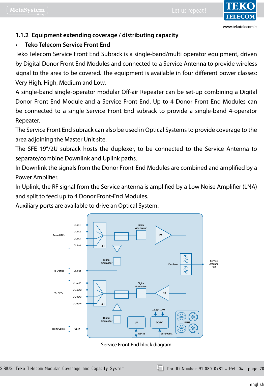 www.tekotelecom.itwww.tekotelecom.itSIRIUS: Teko Telecom Modular Coverage and Capacity SystemLet us repeat !  Doc ID Number 91 080 0781 - Rel. 04  page 20englishEquipment extending coverage / distributing capacity1.1.2 Teko Telecom Service Front End&bull;Teko Telecom Service Front End Subrack is a single-band/multi operator equipment, driven by Digital Donor Front End Modules and connected to a Service Antenna to provide wireless signal to the area to be covered. The equipment is available in four dierent power classes: Very High, High, Medium and Low.A single-band single-operator modular O-air Repeater can be set-up combining a Digital Donor  Front End  Module  and  a  Service  Front End.  Up  to  4  Donor Front  End  Modules  can be  connected  to  a  single  Service  Front  End  subrack  to  provide  a  single-band  4-operator Repeater.The Service Front End subrack can also be used in Optical Systems to provide coverage to the area adjoining the Master Unit site.The  SFE  19&rdquo;/2U  subrack  hosts  the  duplexer,  to  be  connected  to  the  Service  Antenna  to separate/combine Downlink and Uplink paths.In Downlink the signals from the Donor Front-End Modules are combined and amplied by a Power Amplier.In Uplink, the RF signal from the Service antenna is amplied by a Low Noise Amplier (LNA) and split to feed up to 4 Donor Front-End Modules.Auxiliary ports are available to drive an Optical System.PADL in1ServiceAntenna PortDuplexerP DC/DC+3.3V +5V28&divide;30VDCRS485DigitalAttenuatorDL in2DL in3DL in4DL outLNAUL out1 DigitalAttenuatorUL out2UL out3UL out4UL inDigitalAttenuatorDigitalAttenuator4:14:1FANSFrom DFEsTo DFEsTo OpticsFrom OpticsService Front End block diagram