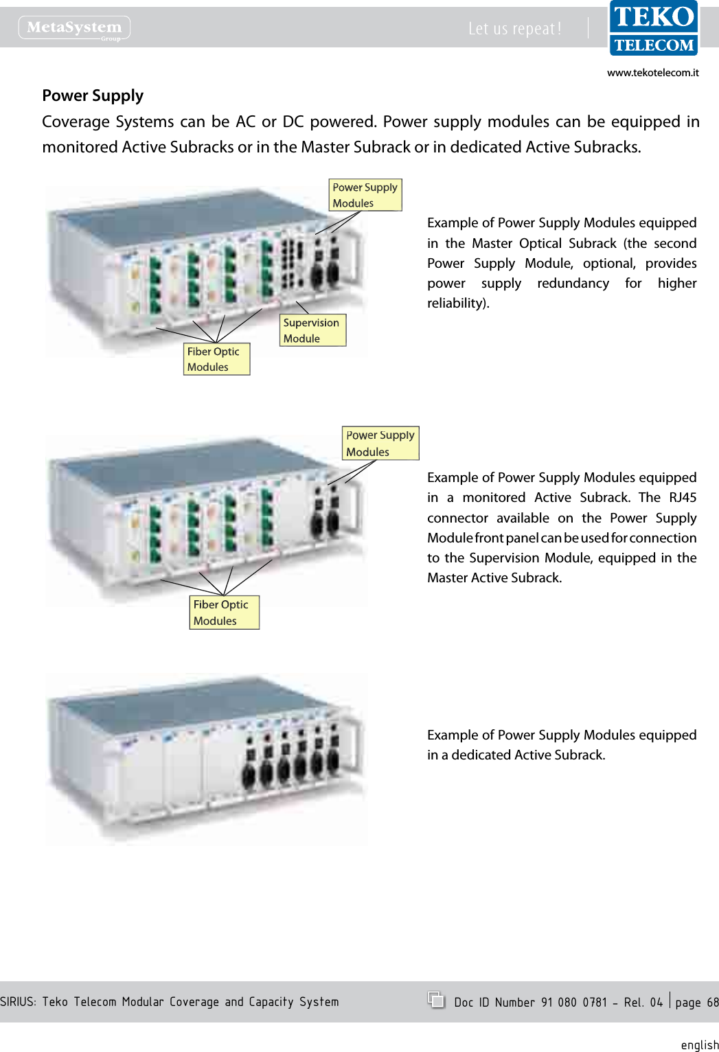 www.tekotelecom.itwww.tekotelecom.itSIRIUS: Teko Telecom Modular Coverage and Capacity SystemLet us repeat !  Doc ID Number 91 080 0781 - Rel. 04  page 68englishPower SupplyCoverage  Systems can  be  AC  or  DC  powered. Power  supply  modules  can  be  equipped  in monitored Active Subracks or in the Master Subrack or in dedicated Active Subracks.Example of Power Supply Modules equipped in  the  Master  Optical  Subrack  (the  second Power  Supply  Module,  optional,  provides power  supply  redundancy  for  higher reliability).Power Supply Power Supply ModulesModulesFiber OpticModulesSupervisionModulePower Supply Power Supply ModulesModulesFiber OpticFiber OpticModulesExample of Power Supply Modules equipped in  a  monitored  Active  Subrack.  The  RJ45 connector  available  on  the  Power  Supply Module front panel can be used for connection to  the  Supervision  Module,  equipped  in  the Master Active Subrack.Example of Power Supply Modules equipped in a dedicated Active Subrack.