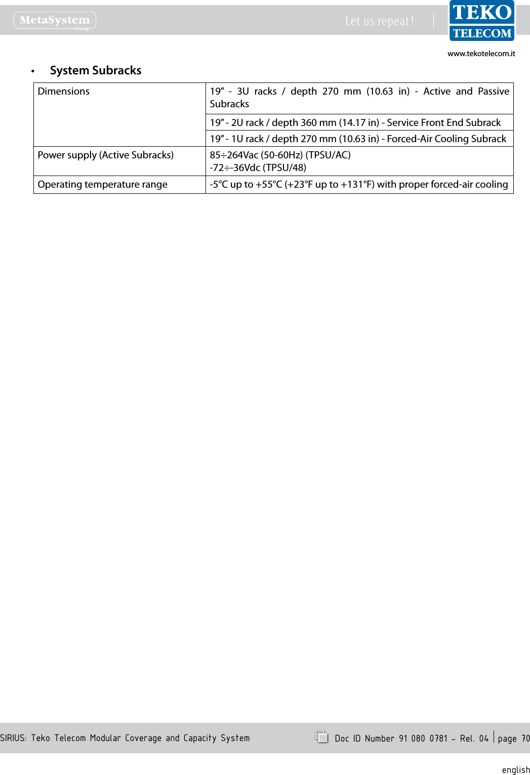 www.tekotelecom.itwww.tekotelecom.itSIRIUS: Teko Telecom Modular Coverage and Capacity SystemLet us repeat !  Doc ID Number 91 080 0781 - Rel. 04  page 70englishSystem Subracks&bull;Dimensions 19&rdquo;  -  3U  racks  /  depth  270  mm  (10.63  in)  -  Active  and  Passive Subracks19&rdquo; - 2U rack / depth 360 mm (14.17 in) - Service Front End Subrack19&rdquo; - 1U rack / depth 270 mm (10.63 in) - Forced-Air Cooling SubrackPower supply (Active Subracks) 85&divide;264Vac (50-60Hz) (TPSU/AC)-72&divide;-36Vdc (TPSU/48)Operating temperature range -5&deg;C up to +55&deg;C (+23&deg;F up to +131&deg;F) with proper forced-air cooling