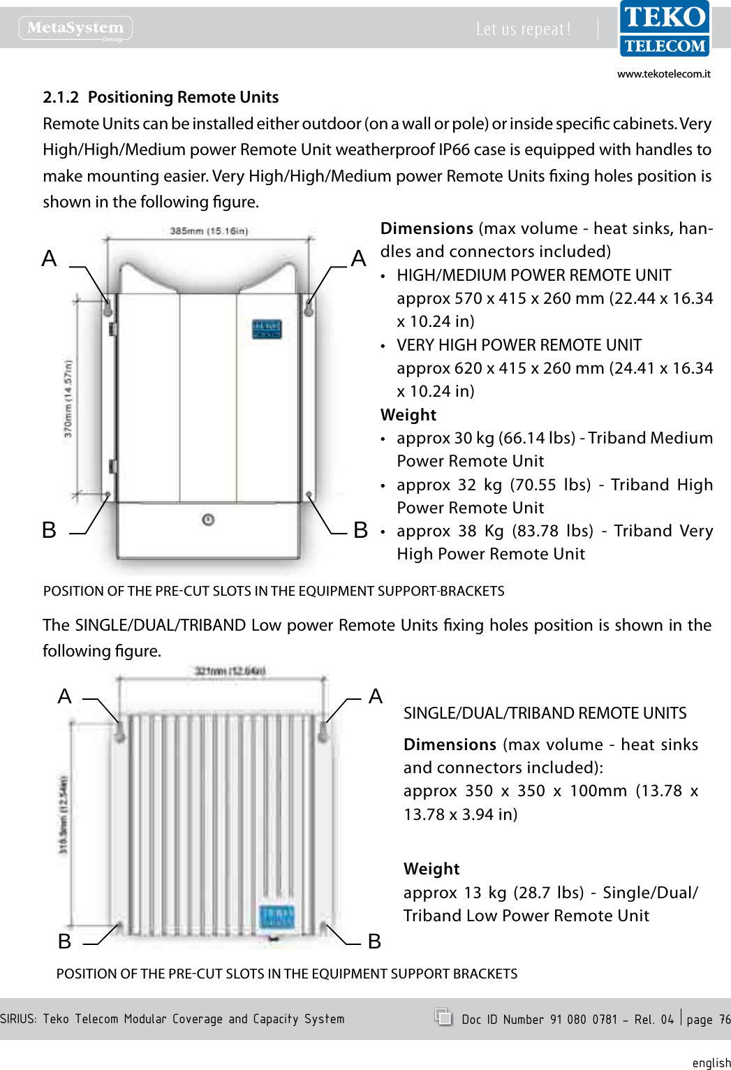 www.tekotelecom.itwww.tekotelecom.itSIRIUS: Teko Telecom Modular Coverage and Capacity SystemLet us repeat !  Doc ID Number 91 080 0781 - Rel. 04  page 76englishPositioning Remote Units2.1.2 Remote Units can be installed either outdoor (on a wall or pole) or inside specic cabinets. Very High/High/Medium power Remote Unit weatherproof IP66 case is equipped with handles to make mounting easier. Very High/High/Medium power Remote Units xing holes position is shown in the following gure.Dimensions (max volume - heat sinks, han-dles and connectors included)HIGH/MEDIUM POWER REMOTE UNIT&bull;approx 570 x 415 x 260 mm (22.44 x 16.34 x 10.24 in)VERY HIGH POWER REMOTE UNIT&bull;approx 620 x 415 x 260 mm (24.41 x 16.34 x 10.24 in)Weightapprox 30 kg (66.14 lbs) - Triband Medium &bull;Power Remote Unitapprox  32  kg  (70.55  lbs)  -  Triband  High &bull;Power Remote Unitapprox  38  Kg  (83.78  lbs)  -  Triband  Very &bull;High Power Remote UnitAABBPOSITION OF THE PRECUT SLOTS IN THE EQUIPMENT SUPPORT BRACKETSThe SINGLE/DUAL/TRIBAND Low power Remote Units xing holes position is shown in the following gure.SINGLE/DUAL/TRIBAND REMOTE UNITSDimensions (max volume - heat sinks and connectors included):approx  350  x  350  x  100mm  (13.78  x 13.78 x 3.94 in)Weightapprox 13  kg  (28.7  lbs) -  Single/Dual/Triband Low Power Remote UnitPOSITION OF THE PRECUT SLOTS IN THE EQUIPMENT SUPPORT BRACKETSAB BA