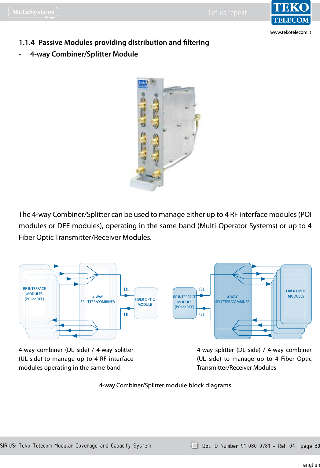 www.tekotelecom.itwww.tekotelecom.itSIRIUS: Teko Telecom Modular Coverage and Capacity SystemLet us repeat !  Doc ID Number 91 080 0781 - Rel. 04  page 30englishPassive Modules providing distribution and ltering1.1.4 4-way Combiner/Splitter Module&bull;The 4-way Combiner/Splitter can be used to manage either up to 4 RF interface modules (POI modules or DFE modules), operating in the same band (Multi-Operator Systems) or up to 4 Fiber Optic Transmitter/Receiver Modules.4-way  combiner  (DL  side)  /  4-way  splitter (UL side) to  manage up to 4  RF interface modules operating in the same band4-way  splitter  (DL  side)  /  4-way  combiner (UL  side)  to  manage  up  to  4  Fiber  Optic Transmitter/Receiver ModulesRF INTERFACEMODULES(POI or DFE)FIBER OPTICMODULES4WAYSPLITTER/COMBINER4WAYSPLITTER/COMBINERDLULDLULRF INTERFACEMODULE(POI or DFE)FIBER OPTICMODULE4-way Combiner/Splitter module block diagrams