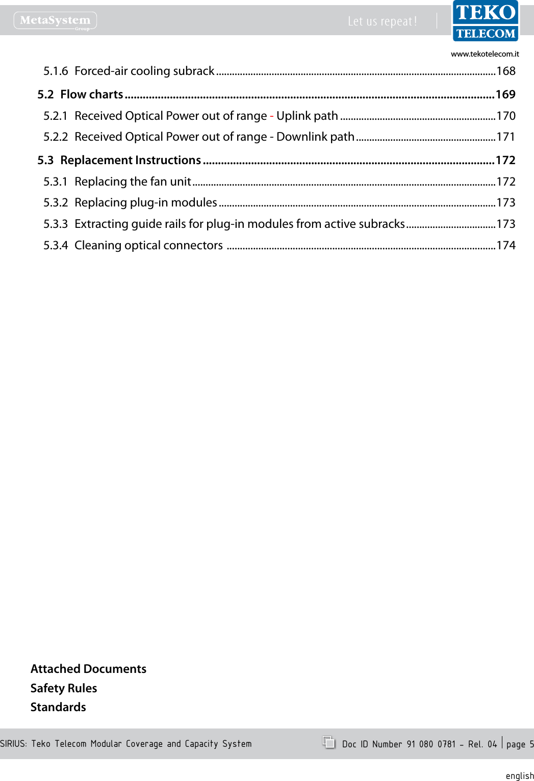 www.tekotelecom.itwww.tekotelecom.itSIRIUS: Teko Telecom Modular Coverage and Capacity SystemLet us repeat !  Doc ID Number 91 080 0781 - Rel. 04  page 5english5.1.6  Forced-air cooling subrack ..........................................................................................................1685.2  Flow charts ...........................................................................................................................1695.2.1  Received Optical Power out of range - Uplink path ...........................................................1705.2.2  Received Optical Power out of range - Downlink path .....................................................1715.3  Replacement Instructions .................................................................................................1725.3.1  Replacing the fan unit ...................................................................................................................1725.3.2  Replacing plug-in modules .........................................................................................................1735.3.3  Extracting guide rails for plug-in modules from active subracks ..................................1735.3.4  Cleaning optical connectors  ......................................................................................................174Attached DocumentsSafety RulesStandards