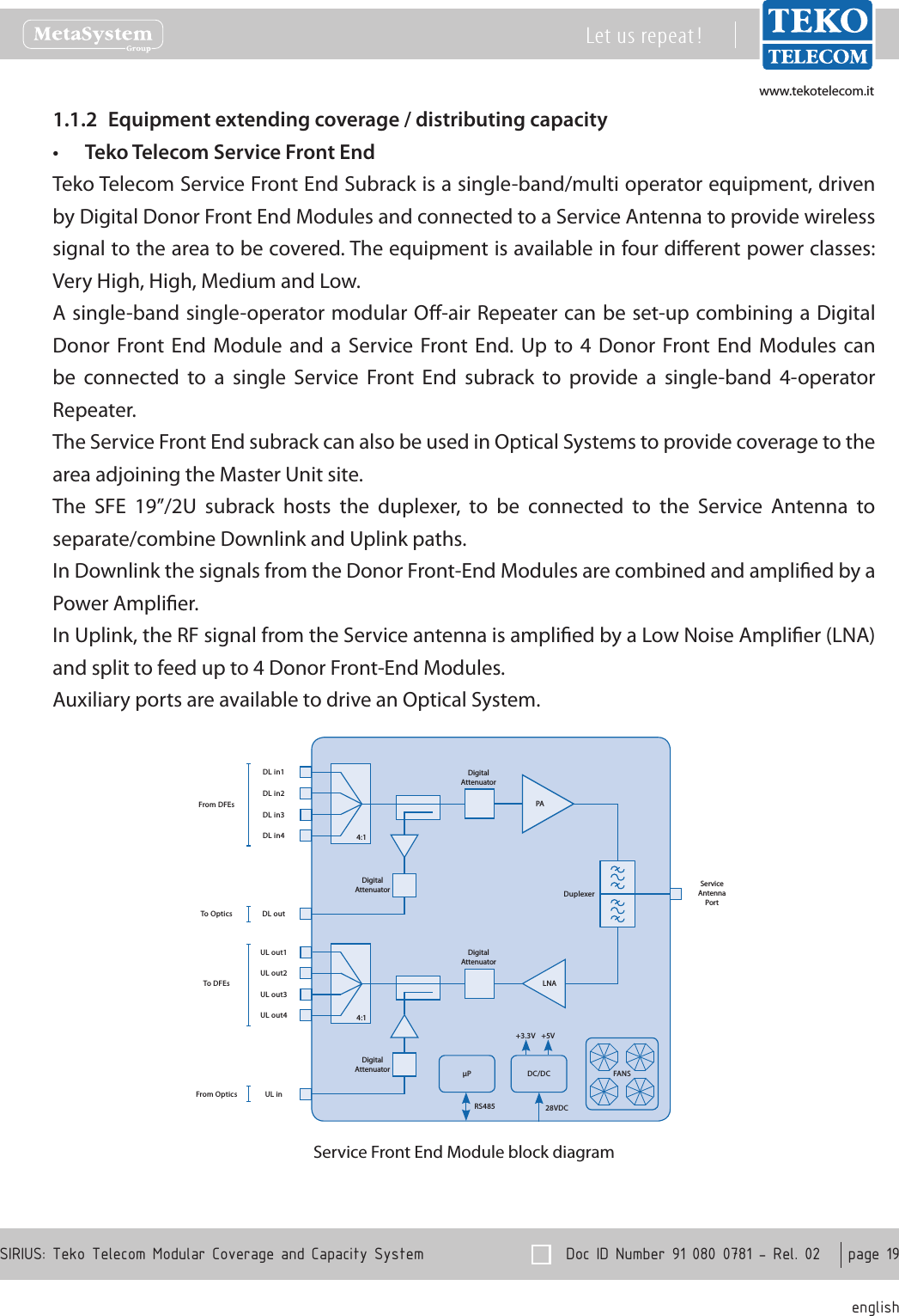 www.tekotelecom.itwww.tekotelecom.it  Doc ID Number 91 080 0781 - Rel. 02    page 19 englishSIRIUS: Teko Telecom Modular Coverage and Capacity SystemLet us repeat !Equipment extending coverage / distributing capacity1.1.2 Teko Telecom Service Front End&bull;Teko Telecom Service Front End Subrack is a single-band/multi operator equipment, driven by Digital Donor Front End Modules and connected to a Service Antenna to provide wireless signal to the area to be covered. The equipment is available in four dierent power classes: Very High, High, Medium and Low.A single-band single-operator modular O-air Repeater can be set-up combining a Digital Donor  Front End  Module  and  a  Service  Front  End. Up  to  4  Donor  Front  End  Modules  can be  connected  to  a  single  Service  Front  End  subrack  to  provide  a  single-band  4-operator Repeater.The Service Front End subrack can also be used in Optical Systems to provide coverage to the area adjoining the Master Unit site.The  SFE  19&rdquo;/2U  subrack  hosts  the  duplexer,  to  be  connected  to  the  Service  Antenna  to separate/combine Downlink and Uplink paths.In Downlink the signals from the Donor Front-End Modules are combined and amplied by a Power Amplier.In Uplink, the RF signal from the Service antenna is amplied by a Low Noise Amplier (LNA) and split to feed up to 4 Donor Front-End Modules.Auxiliary ports are available to drive an Optical System.PADL in1ServiceAntenna PortDuplexerP DC/DC+3.3V +5V28VDCRS485DigitalAttenuatorDL in2DL in3DL in4DL outLNAUL out1 DigitalAttenuatorUL out2UL out3UL out4UL inDigitalAttenuatorDigitalAttenuator4:14:1FANSFrom DFEsTo DFEsTo OpticsFrom OpticsService Front End Module block diagram