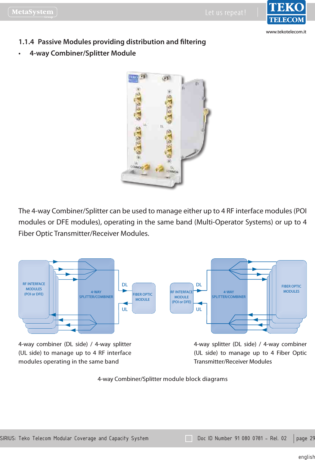 www.tekotelecom.itwww.tekotelecom.it  Doc ID Number 91 080 0781 - Rel. 02    page 29 englishSIRIUS: Teko Telecom Modular Coverage and Capacity SystemLet us repeat !Passive Modules providing distribution and ltering1.1.4 4-way Combiner/Splitter Module&bull;The 4-way Combiner/Splitter can be used to manage either up to 4 RF interface modules (POI modules or DFE modules), operating in the same band (Multi-Operator Systems) or up to 4 Fiber Optic Transmitter/Receiver Modules.4-way  combiner  (DL  side)  /  4-way  splitter (UL side)  to  manage  up  to  4  RF  interface modules operating in the same band4-way  splitter  (DL  side)  /  4-way  combiner (UL  side)  to  manage  up  to  4  Fiber  Optic Transmitter/Receiver ModulesRF INTERFACEMODULES(POI or DFE)FIBER OPTICMODULES4WAYSPLITTER/COMBINER4WAYSPLITTER/COMBINERDLULDLULRF INTERFACEMODULE(POI or DFE)FIBER OPTICMODULE4-way Combiner/Splitter module block diagrams