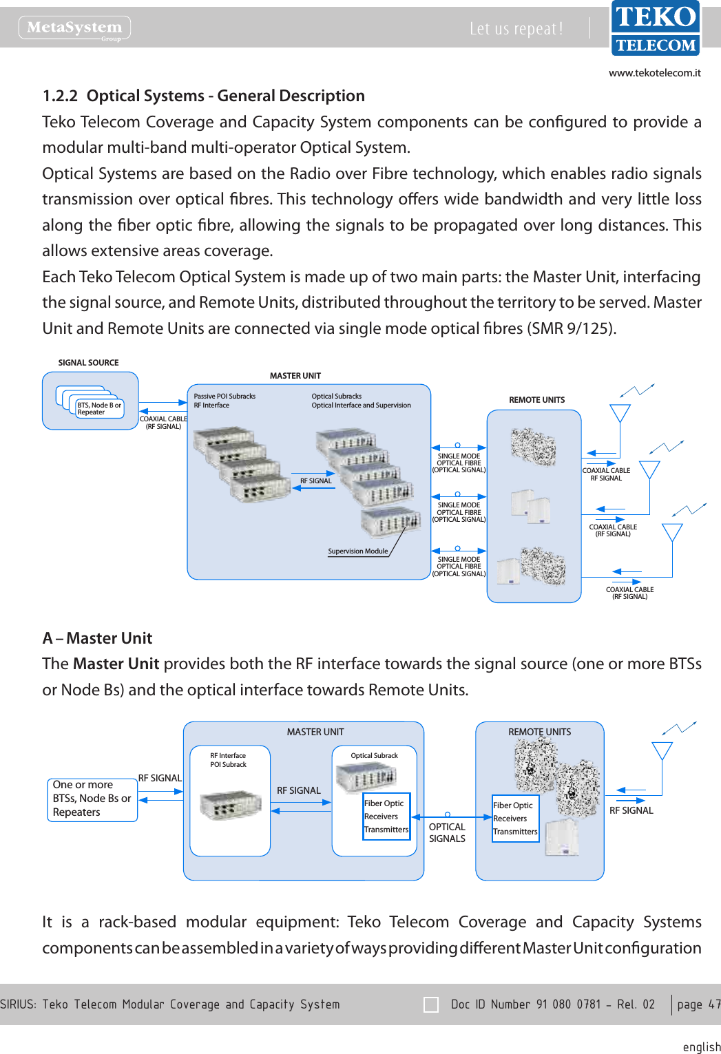 www.tekotelecom.itwww.tekotelecom.it  Doc ID Number 91 080 0781 - Rel. 02    page 47 englishSIRIUS: Teko Telecom Modular Coverage and Capacity SystemLet us repeat !Optical Systems - General Description1.2.2 Teko Telecom Coverage and Capacity System components can be congured to provide a modular multi-band multi-operator Optical System.Optical Systems are based on the Radio over Fibre technology, which enables radio signals transmission over optical bres. This technology oers wide bandwidth and very little loss along the ber optic bre, allowing the signals to be propagated over long distances. This allows extensive areas coverage.Each Teko Telecom Optical System is made up of two main parts: the Master Unit, interfacingthe signal source, and Remote Units, distributed throughout the territory to be served. Master Unit and Remote Units are connected via single mode optical bres (SMR 9/125).REMOTE UNITSPassive POI SubracksRF InterfaceOptical SubracksOptical Interface and SupervisionCOAXIAL CABLE(RF SIGNAL)BTS, Node B or RepeaterSIGNAL SOURCESINGLE MODE OPTICAL FIBRE(OPTICAL SIGNAL) COAXIAL CABLERF SIGNALCOAXIAL CABLE(RF SIGNAL)COAXIAL CABLE(RF SIGNAL)RF SIGNALSupervision ModuleMASTER UNITSINGLE MODE OPTICAL FIBRE(OPTICAL SIGNAL)SINGLE MODE OPTICAL FIBRE(OPTICAL SIGNAL)Master UnitA &ndash; The Master Unit provides both the RF interface towards the signal source (one or more BTSs or Node Bs) and the optical interface towards Remote Units.One or more BTSs, Node Bs or RepeatersRF SIGNALFiber OpticReceiversTransmittersREMOTE UNITSRF InterfacePOI SubrackMASTER UNITOptical SubrackRF SIGNALFiber OpticReceiversTransmitters OPTICALSIGNALSRF SIGNALIt  is  a  rack-based  modular  equipment:  Teko  Telecom  Coverage  and  Capacity  Systems components can be assembled in a variety of ways providing dierent Master Unit conguration 