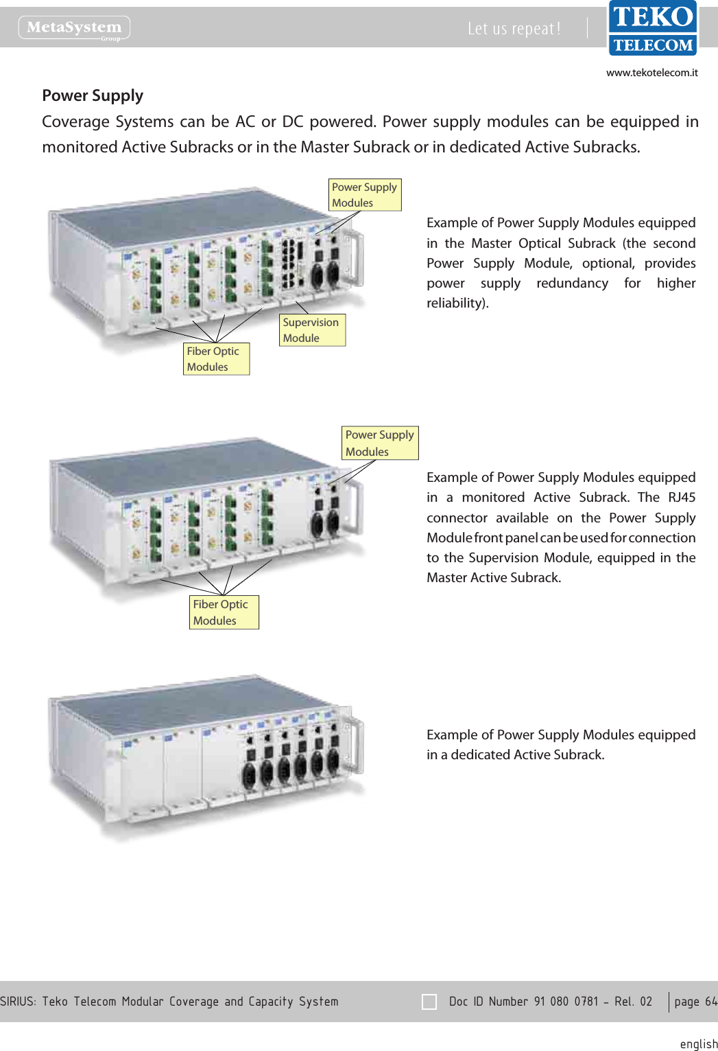 www.tekotelecom.itwww.tekotelecom.it  Doc ID Number 91 080 0781 - Rel. 02    page 64 englishSIRIUS: Teko Telecom Modular Coverage and Capacity SystemLet us repeat !Power SupplyCoverage  Systems  can  be  AC or  DC  powered. Power  supply  modules  can  be  equipped  in monitored Active Subracks or in the Master Subrack or in dedicated Active Subracks.Example of Power Supply Modules equipped in  the  Master  Optical  Subrack  (the  second Power  Supply  Module,  optional,  provides power  supply  redundancy  for  higher reliability).Power Supply ModulesFiber OpticModulesSupervisionModulePower Supply ModulesFiber OpticModulesExample of Power Supply Modules equipped in  a  monitored  Active  Subrack.  The  RJ45 connector  available  on  the  Power  Supply Module front panel can be used for connection to  the  Supervision  Module, equipped  in  the Master Active Subrack.Example of Power Supply Modules equipped in a dedicated Active Subrack.