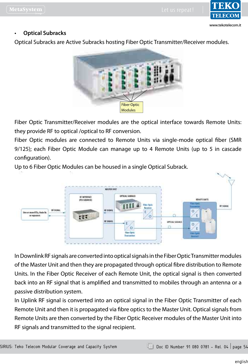 www.tekotelecom.itwww.tekotelecom.itSIRIUS: Teko Telecom Modular Coverage and Capacity SystemLet us repeat !  Doc ID Number 91 080 0781 - Rel. 04  page 54englishOptical Subracks&bull;Optical Subracks are Active Subracks hosting Fiber Optic Transmitter/Receiver modules.Fiber OpticModulesFiber  Optic Transmitter/Receiver  modules  are  the  optical  interface  towards  Remote  Units: they provide RF to optical /optical to RF conversion.Fiber  Optic  modules  are  connected  to  Remote  Units  via  single-mode  optical  ber  (SMR 9/125);  each  Fiber  Optic  Module  can  manage  up  to  4  Remote  Units  (up  to  5  in  cascade conguration).Up to 6 Fiber Optic Modules can be housed in a single Optical Subrack.In Downlink RF signals are converted into optical signals in the Fiber Optic Transmitter modules of the Master Unit and then they are propagated through optical bre distribution to Remote Units. In the Fiber Optic Receiver of each Remote Unit, the optical signal is then converted back into an RF signal that is amplied and transmitted to mobiles through an antenna or a passive distribution system.In Uplink RF signal is converted into an optical signal in the Fiber Optic Transmitter of each Remote Unit and then it is propagated via bre optics to the Master Unit. Optical signals from Remote Units are then converted by the Fiber Optic Receiver modules of the Master Unit into RF signals and transmitted to the signal recipient.