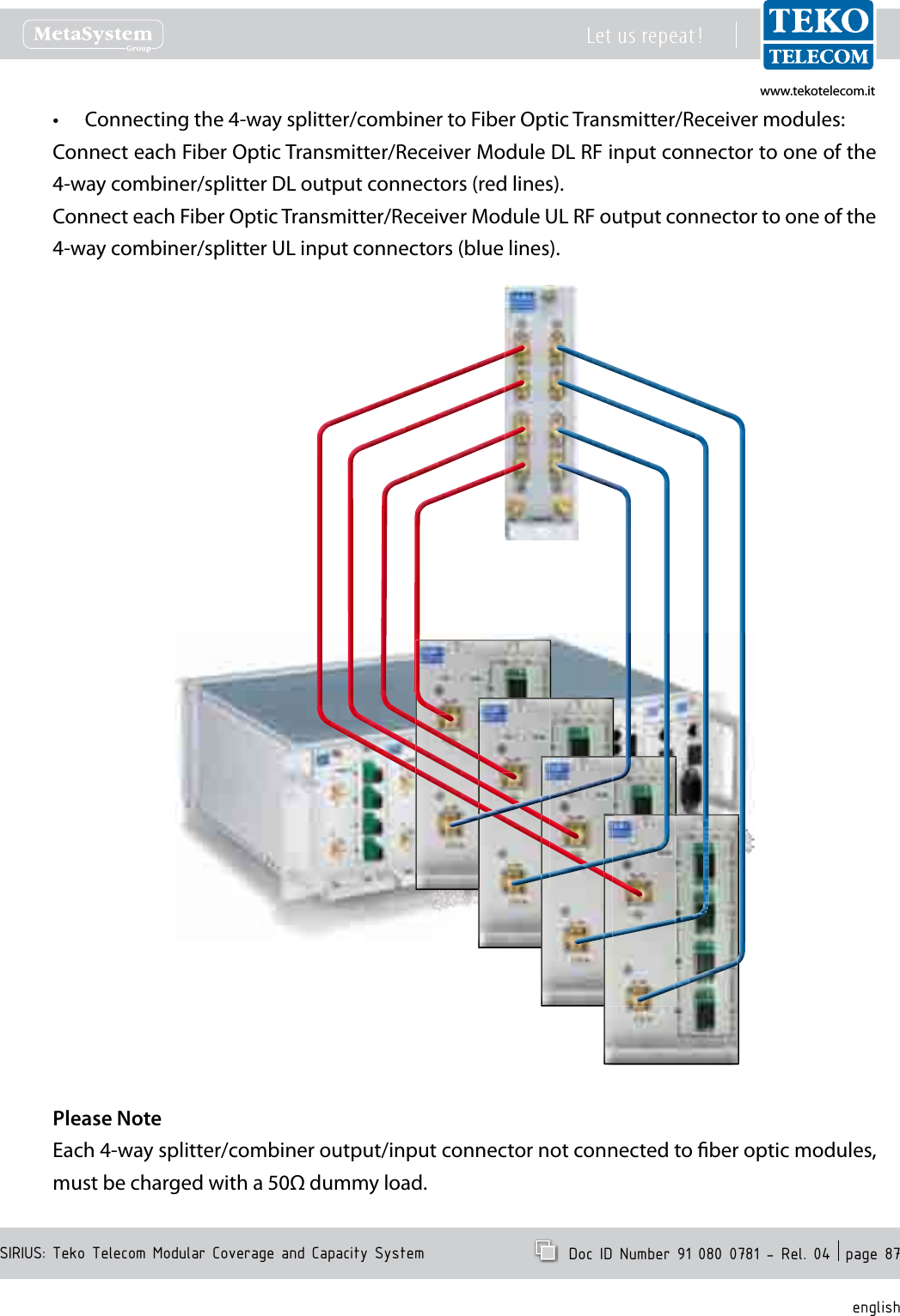 www.tekotelecom.itwww.tekotelecom.itSIRIUS: Teko Telecom Modular Coverage and Capacity SystemLet us repeat !  Doc ID Number 91 080 0781 - Rel. 04  page 87englishConnecting the 4-way splitter/combiner to Fiber Optic Transmitter/Receiver modules:&bull;Connect each Fiber Optic Transmitter/Receiver Module DL RF input connector to one of the 4-way combiner/splitter DL output connectors (red lines).Connect each Fiber Optic Transmitter/Receiver Module UL RF output connector to one of the  4-way combiner/splitter UL input connectors (blue lines).Please NoteEach 4-way splitter/combiner output/input connector not connected to ber optic modules, must be charged with a 50Ω dummy load.